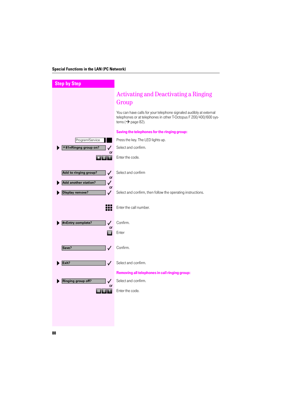 Deutsche Telekom F400, F600, F200 Activating and Deactivating a Ringing Group, Saving the telephones for the ringing group 