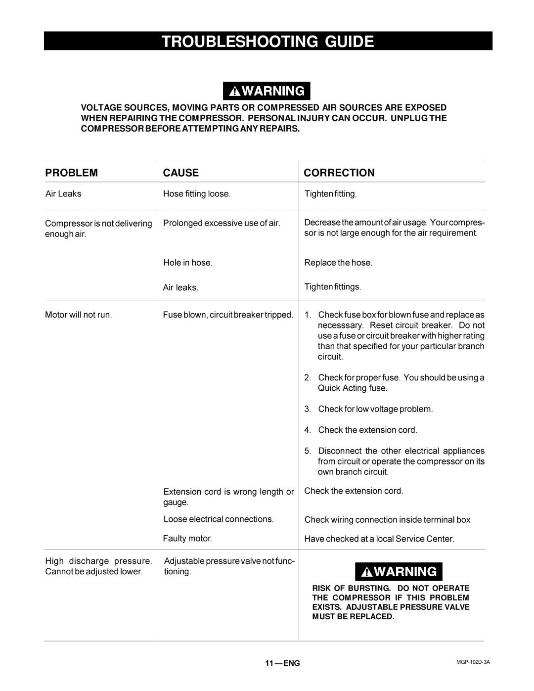 DeVillbiss Air Power Company 102D-3 owner manual Troubleshooting Guide, Problem Cause Correction 