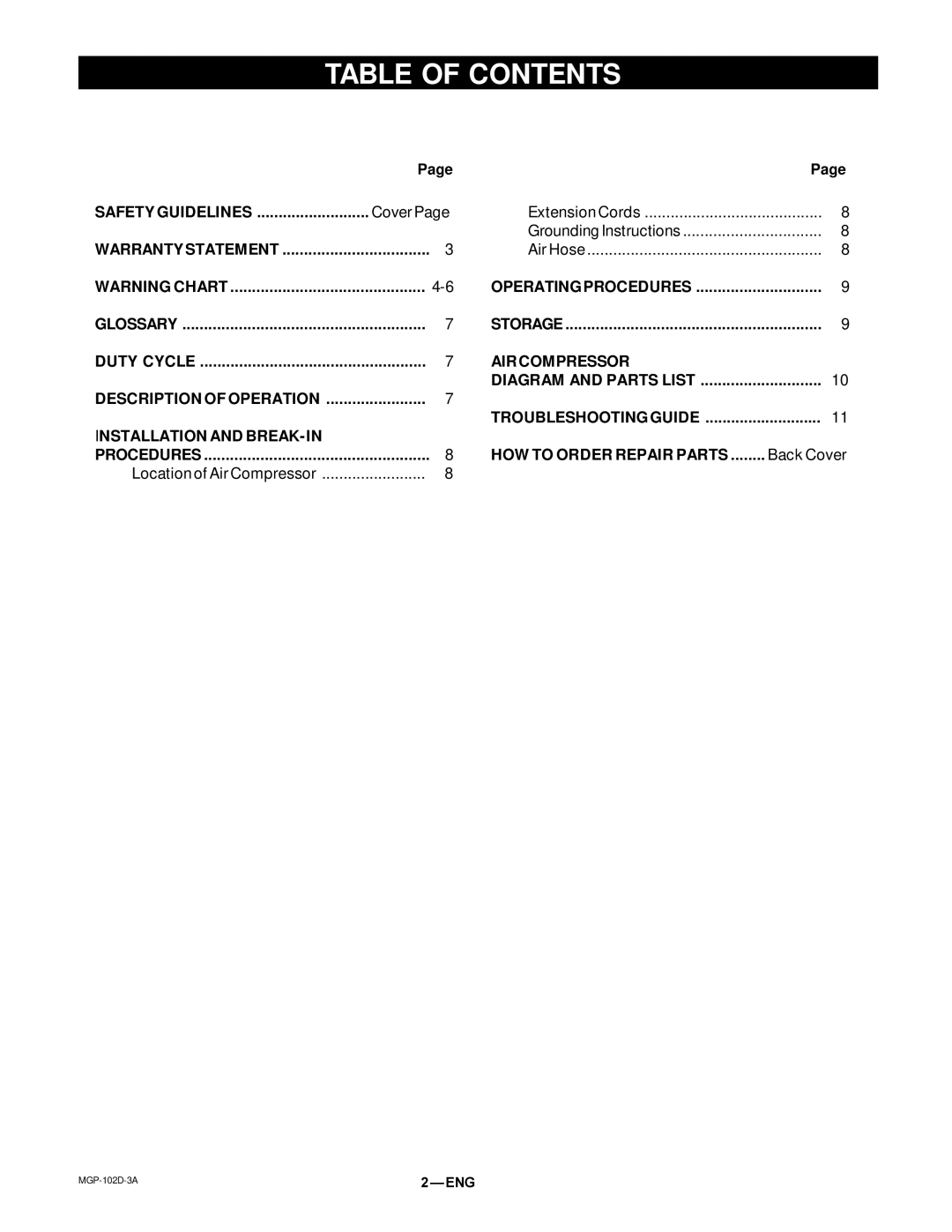 DeVillbiss Air Power Company 102D-3 owner manual Table of Contents 