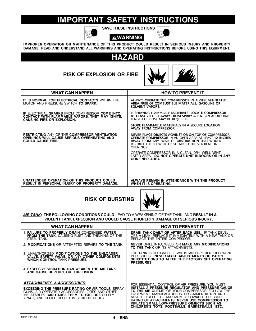 DeVillbiss Air Power Company 102D-3 Important Safety Instructions, Hazard, Risk of Explosion or Fire, Risk of Bursting 