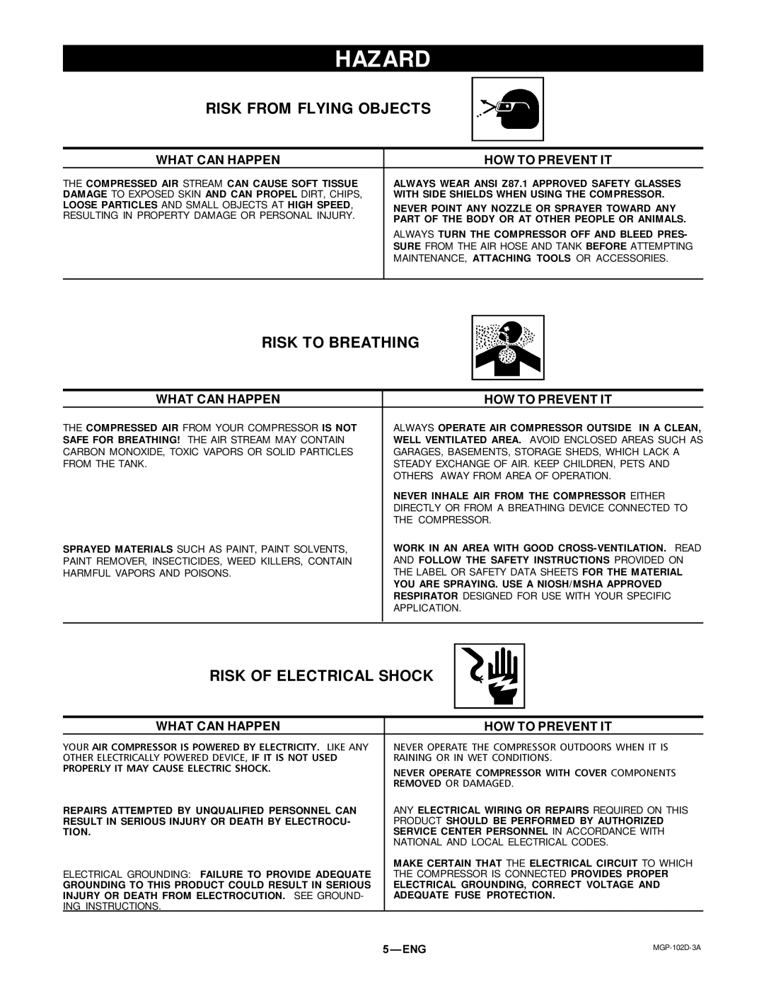 DeVillbiss Air Power Company 102D-3 owner manual Risk from Flying Objects, Risk to Breathing, Risk of Electrical Shock 