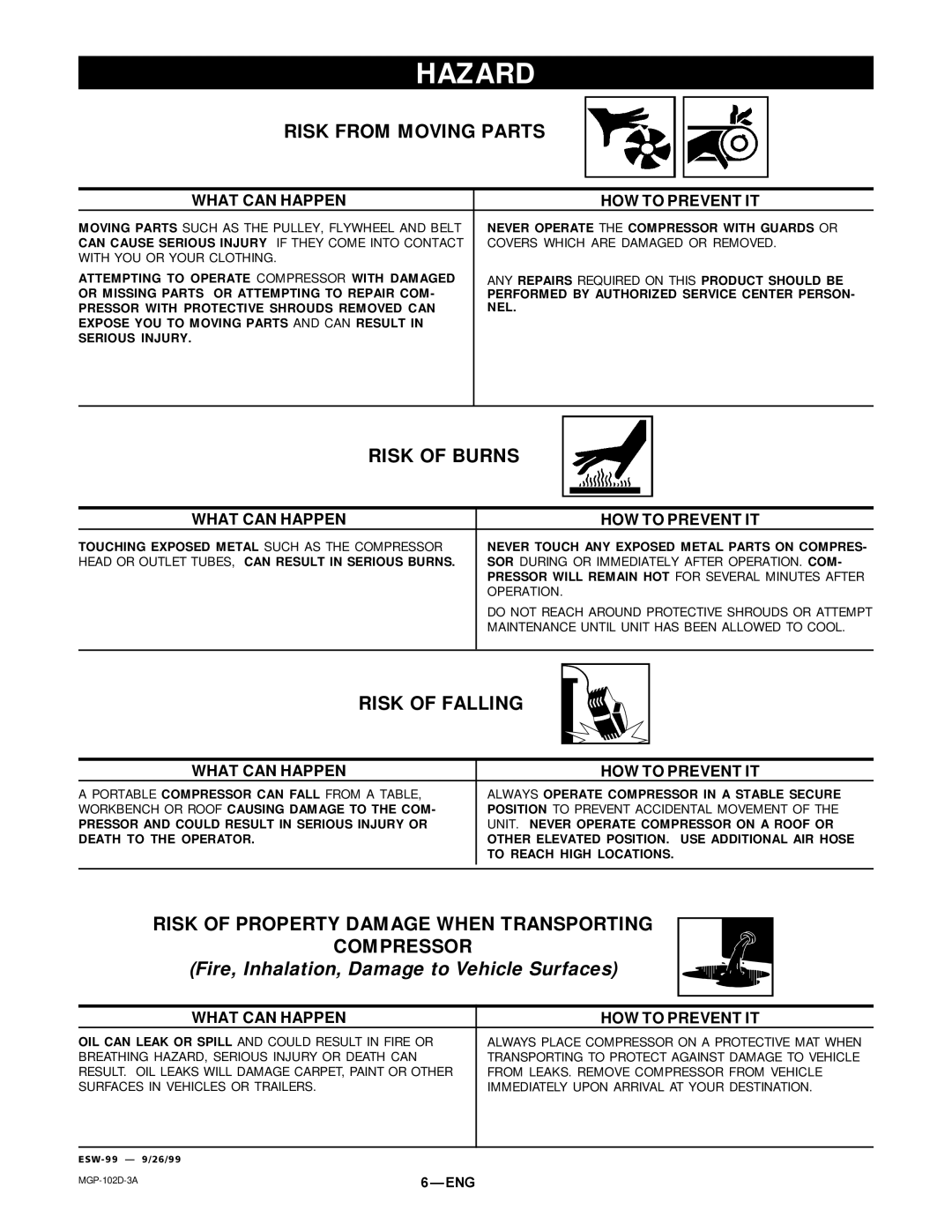 DeVillbiss Air Power Company 102D-3 owner manual Risk from Moving Parts, Risk of Burns, Risk of Falling 