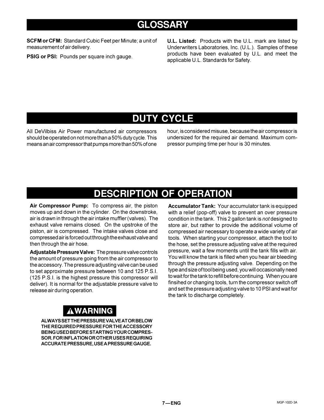 DeVillbiss Air Power Company 102D-3 owner manual Glossary, Duty Cycle, Description of Operation 