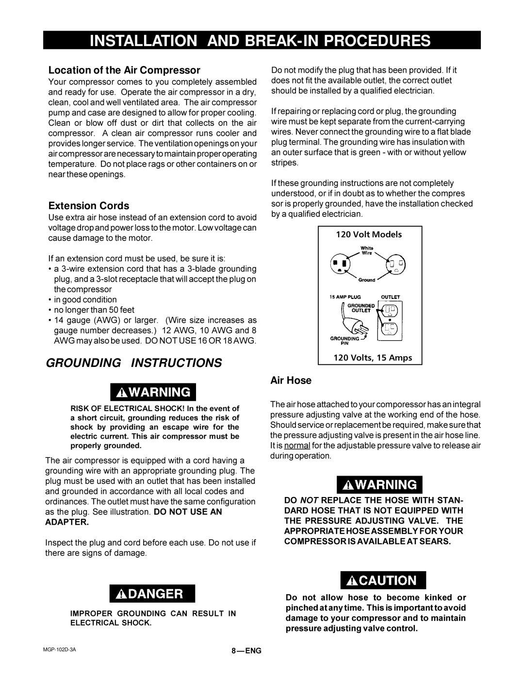 DeVillbiss Air Power Company 102D-3 owner manual Installation and BREAK-IN Procedures, Location of the Air Compressor 