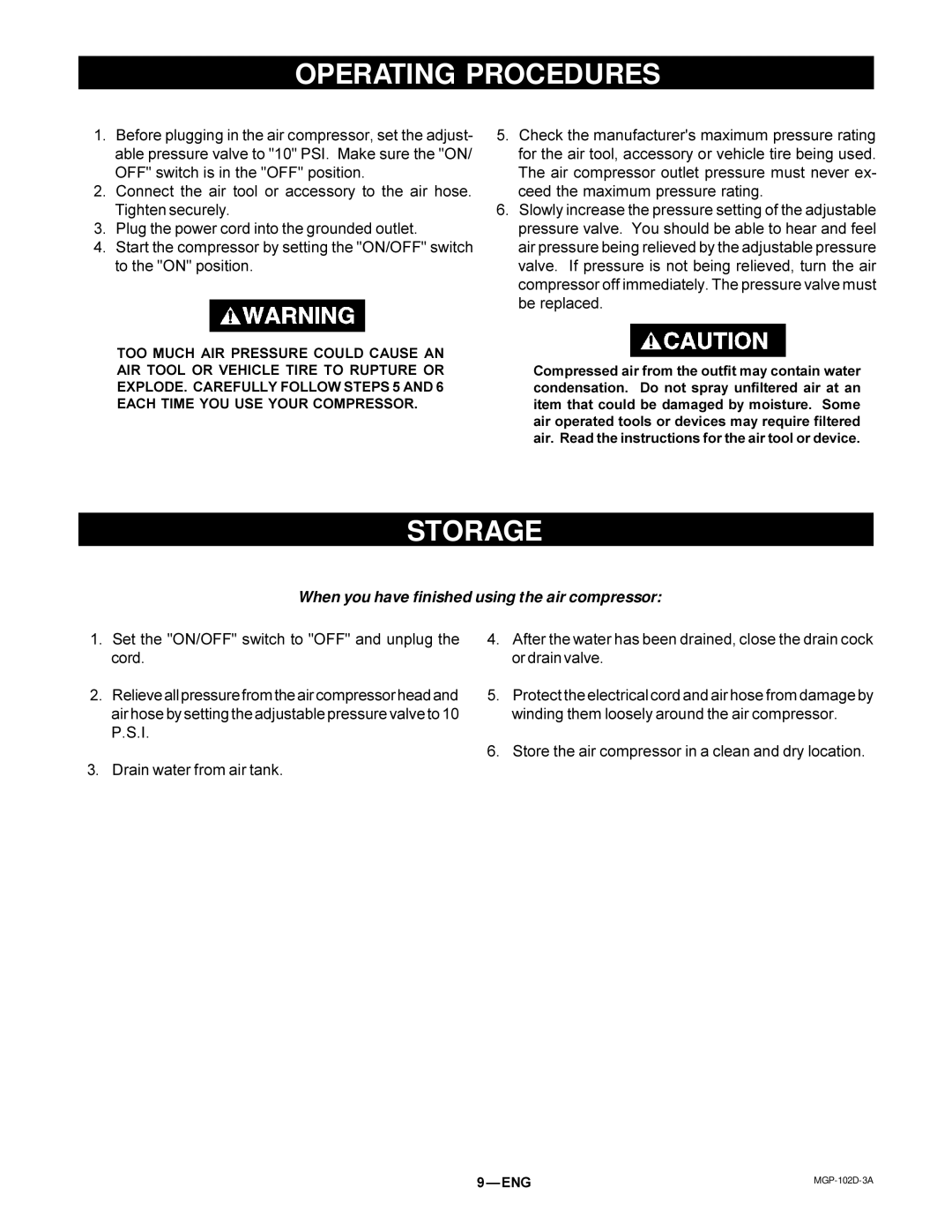 DeVillbiss Air Power Company 102D-3 owner manual Operating Procedures, Storage 