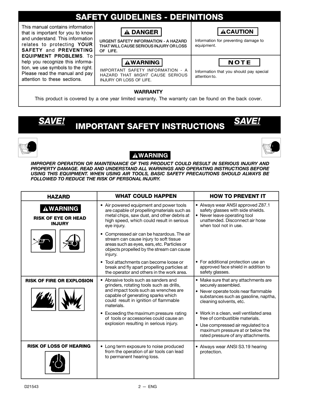 DeVillbiss Air Power Company 919.19007, D21543 manual Warranty, Risk of EYE or Head, Injury, Risk of Fire or Explosion 