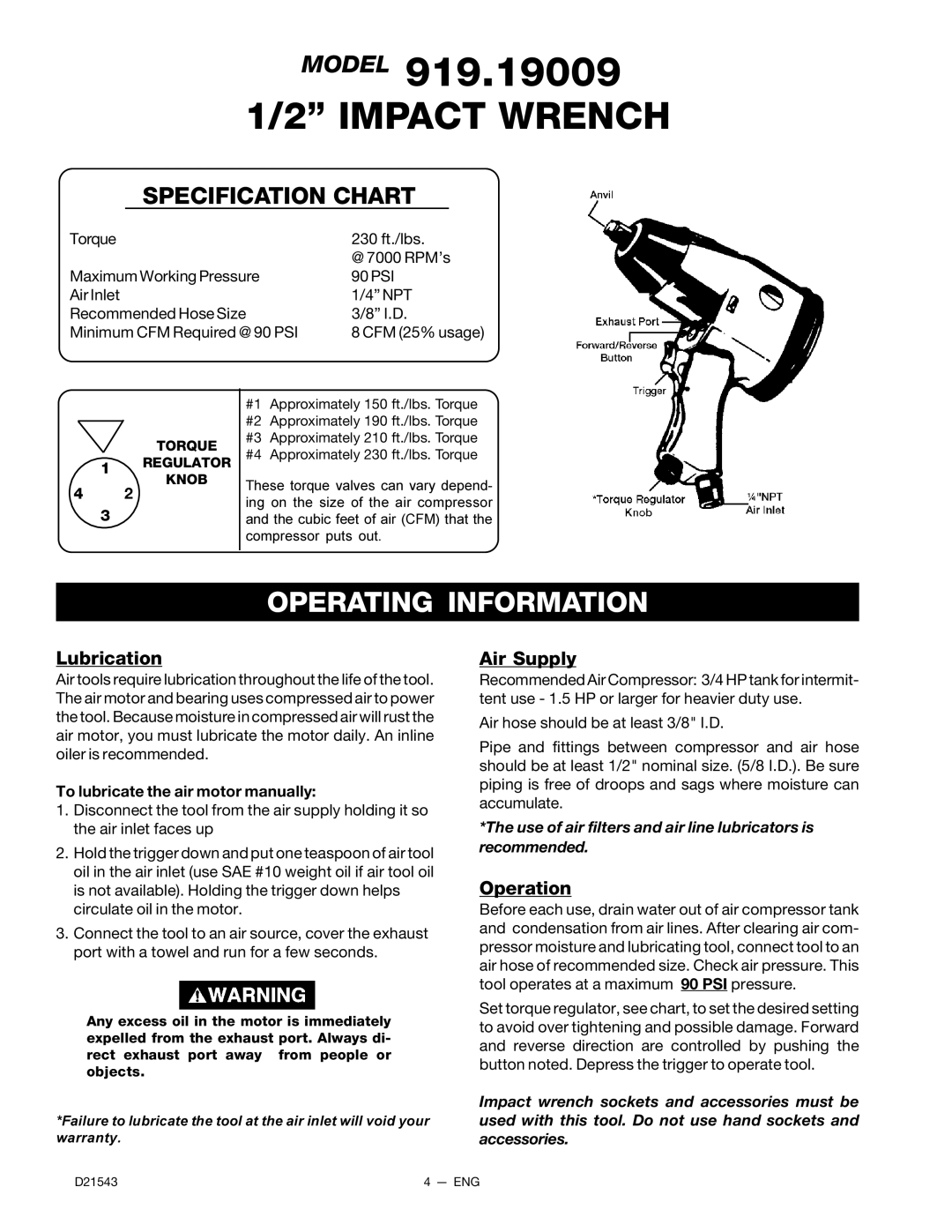 DeVillbiss Air Power Company 919.19007, D21543 manual Impact Wrench, Torque Regulator Knob 