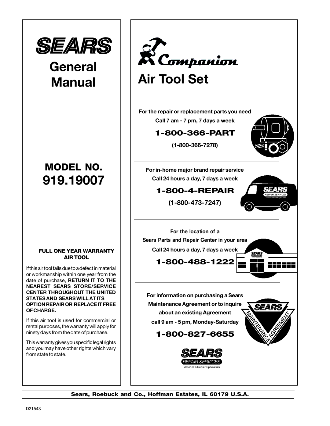 DeVillbiss Air Power Company 919.19007, D21543 manual Repair, Full ONE Year Warranty AIR Tool 