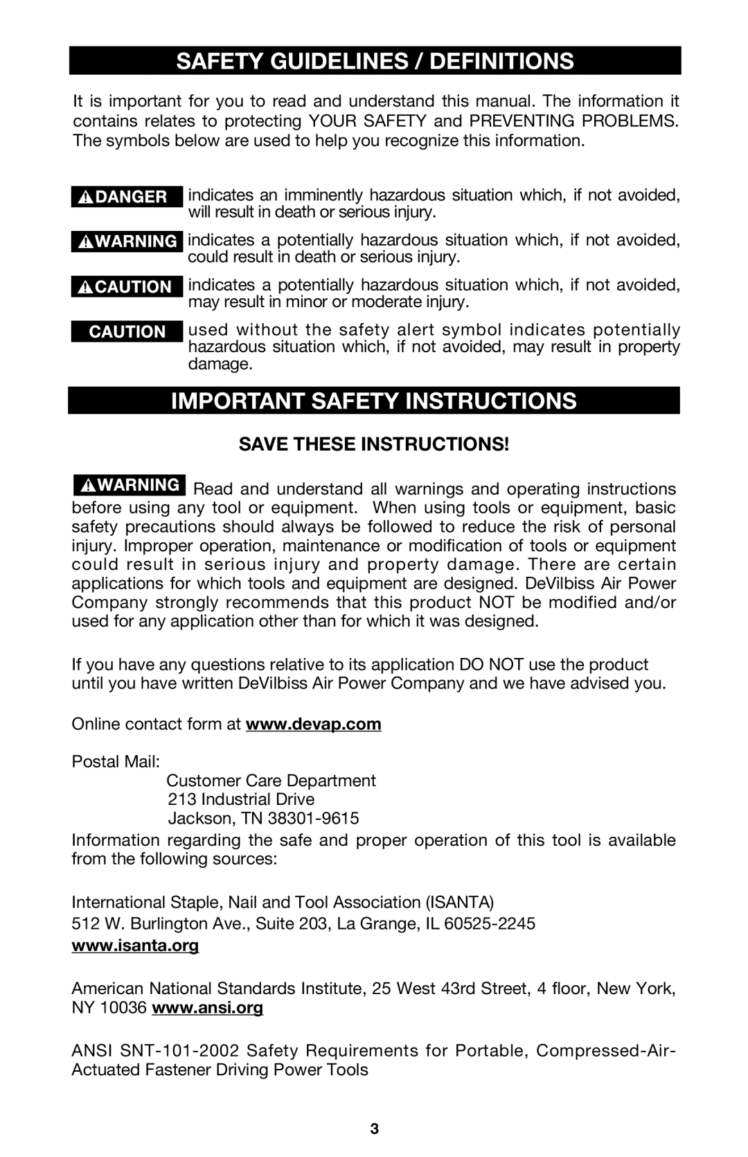 DeVillbiss Air Power Company A05982, EBN200, EBN125 Safety Guidelines / Definitions, Important Safety Instructions 