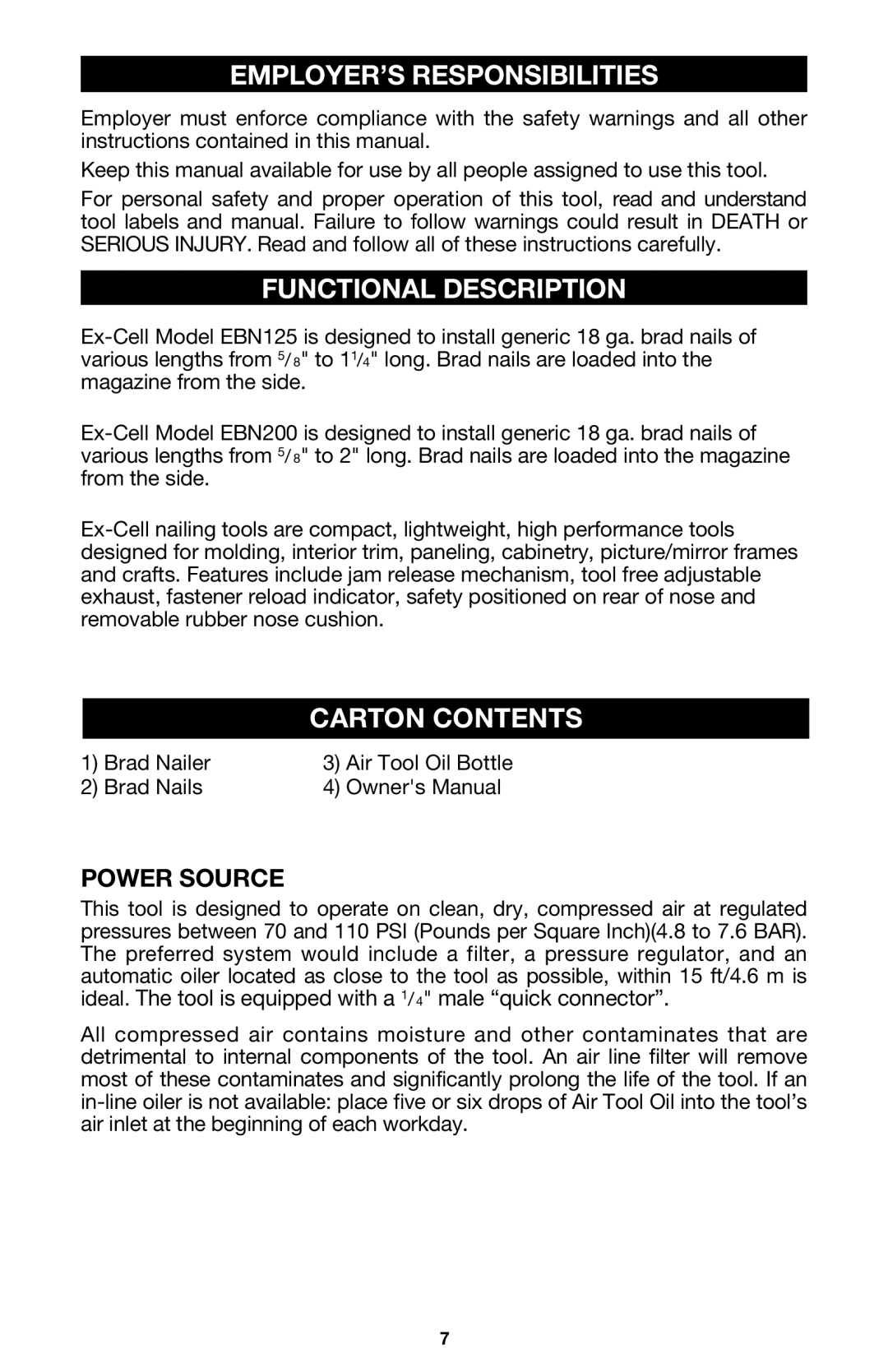 DeVillbiss Air Power Company EBN200, A05982, EBN125 EMPLOYER’S Responsibilities, Functional Description, Carton Contents 