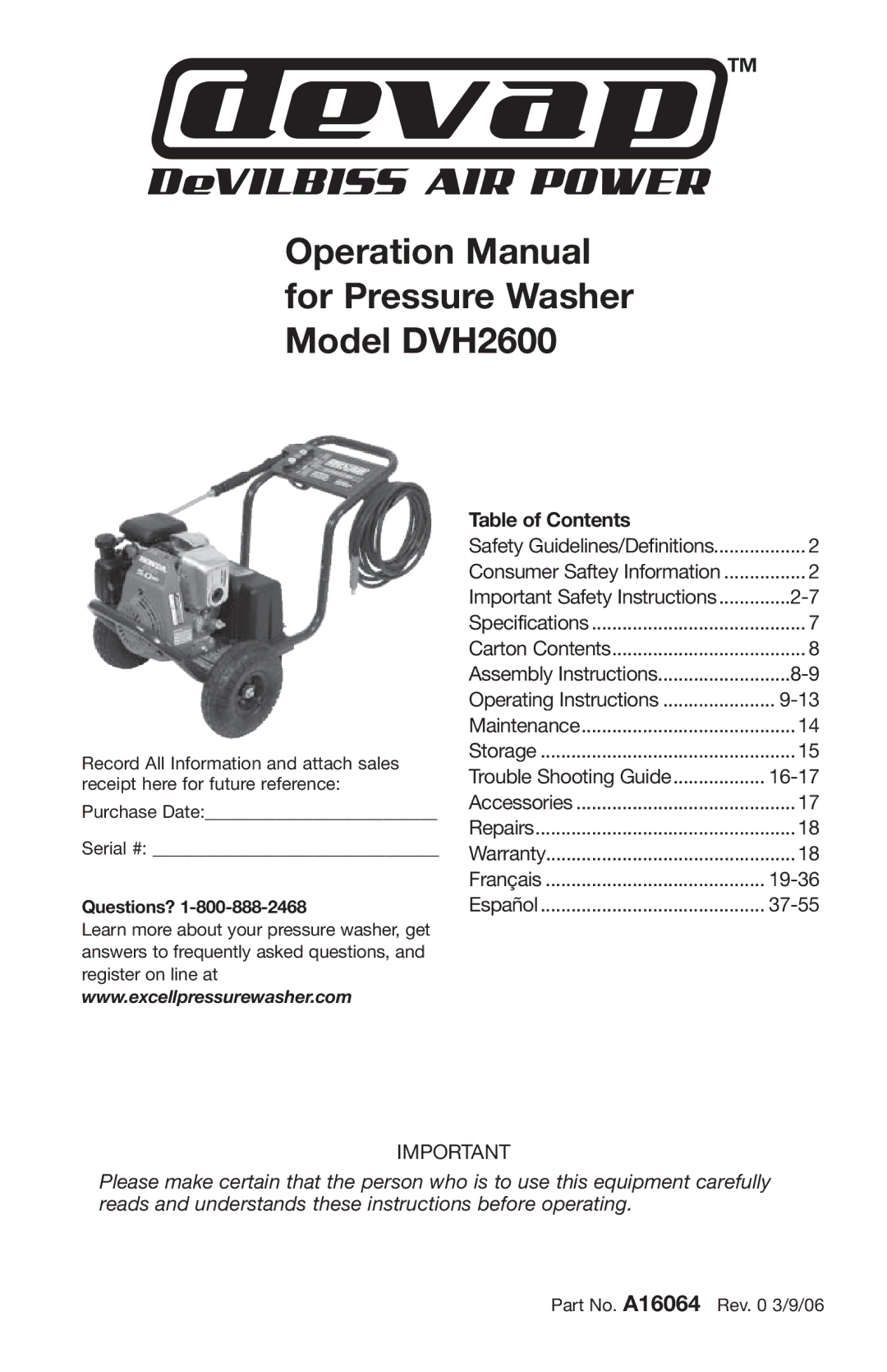 DeVillbiss Air Power Company DVH2600, A16064 operation manual Table of Contents 