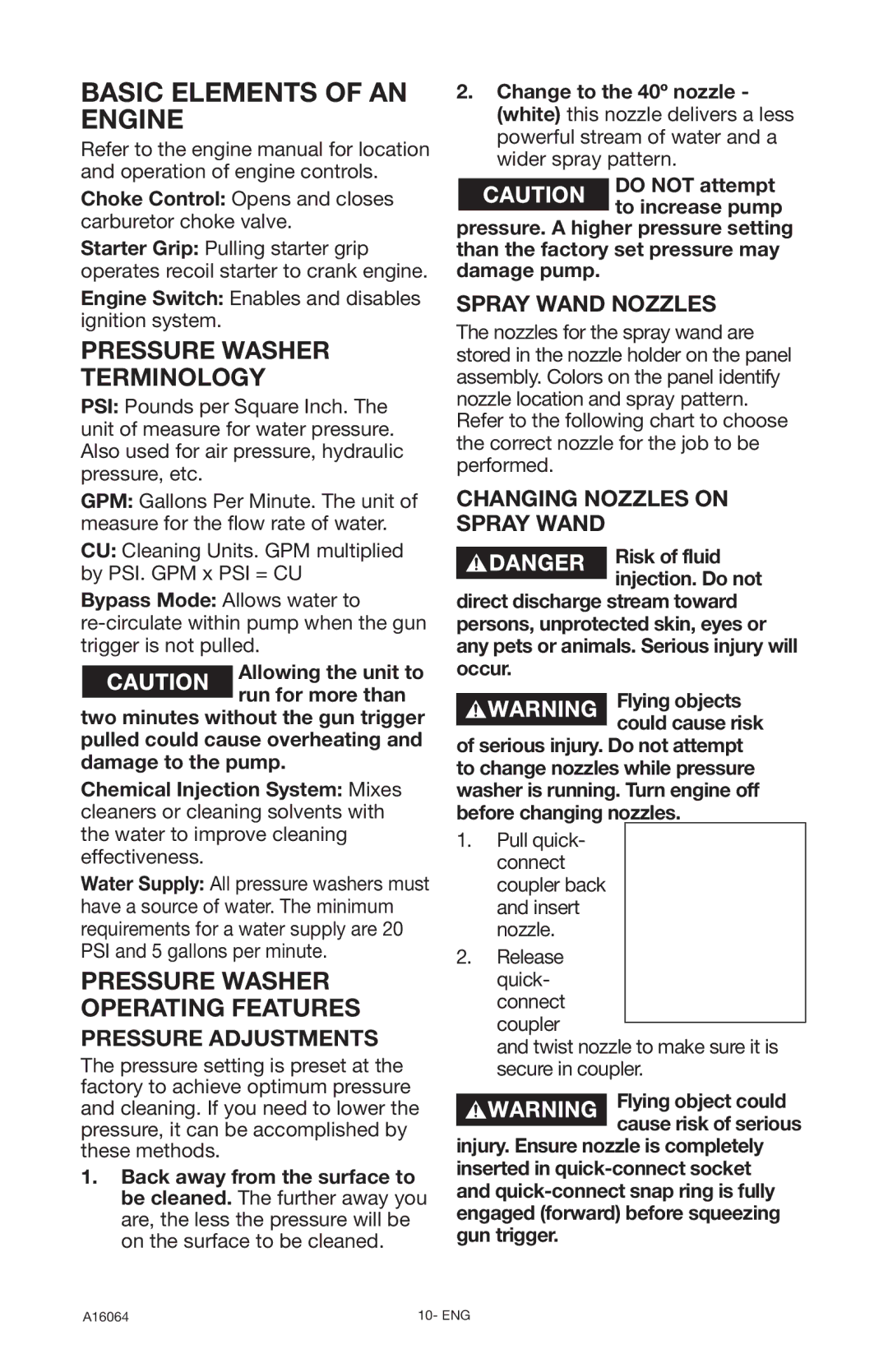 DeVillbiss Air Power Company A16064, DVH2600 Pressure Washer Terminology, Pressure Adjustments, Spray Wand Nozzles 