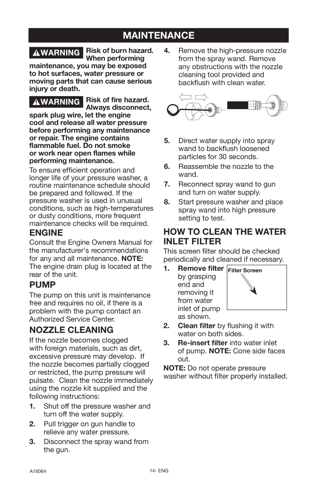 DeVillbiss Air Power Company A16064 Maintenance, Engine, HOW to Clean the Water Inlet Filter, Pump, Nozzle Cleaning 