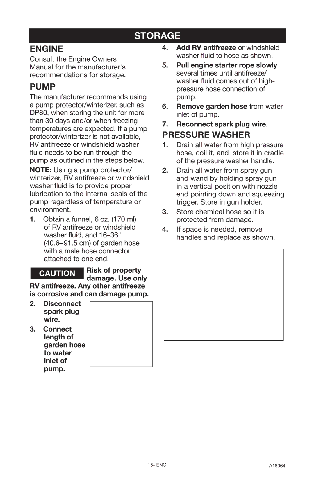 DeVillbiss Air Power Company DVH2600, A16064 operation manual Storage, Engine Pump, Pressure Washer 