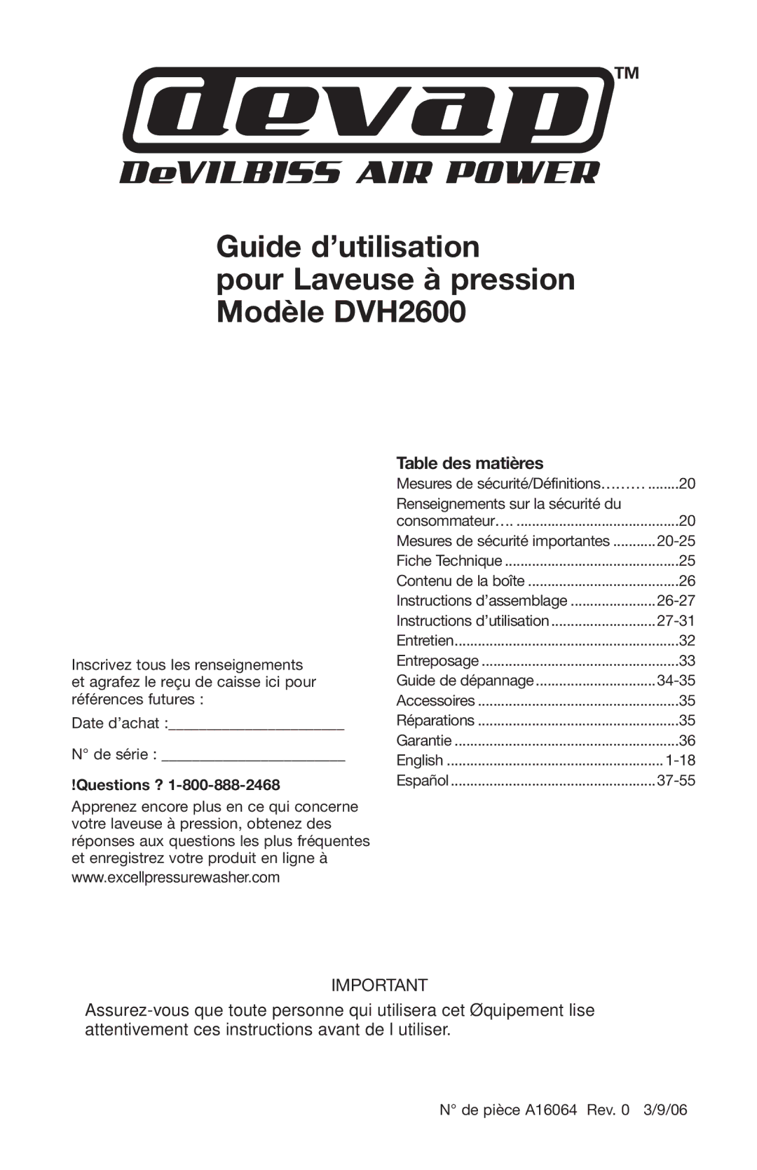 DeVillbiss Air Power Company DVH2600, A16064 operation manual Table des matières, Questions ? 