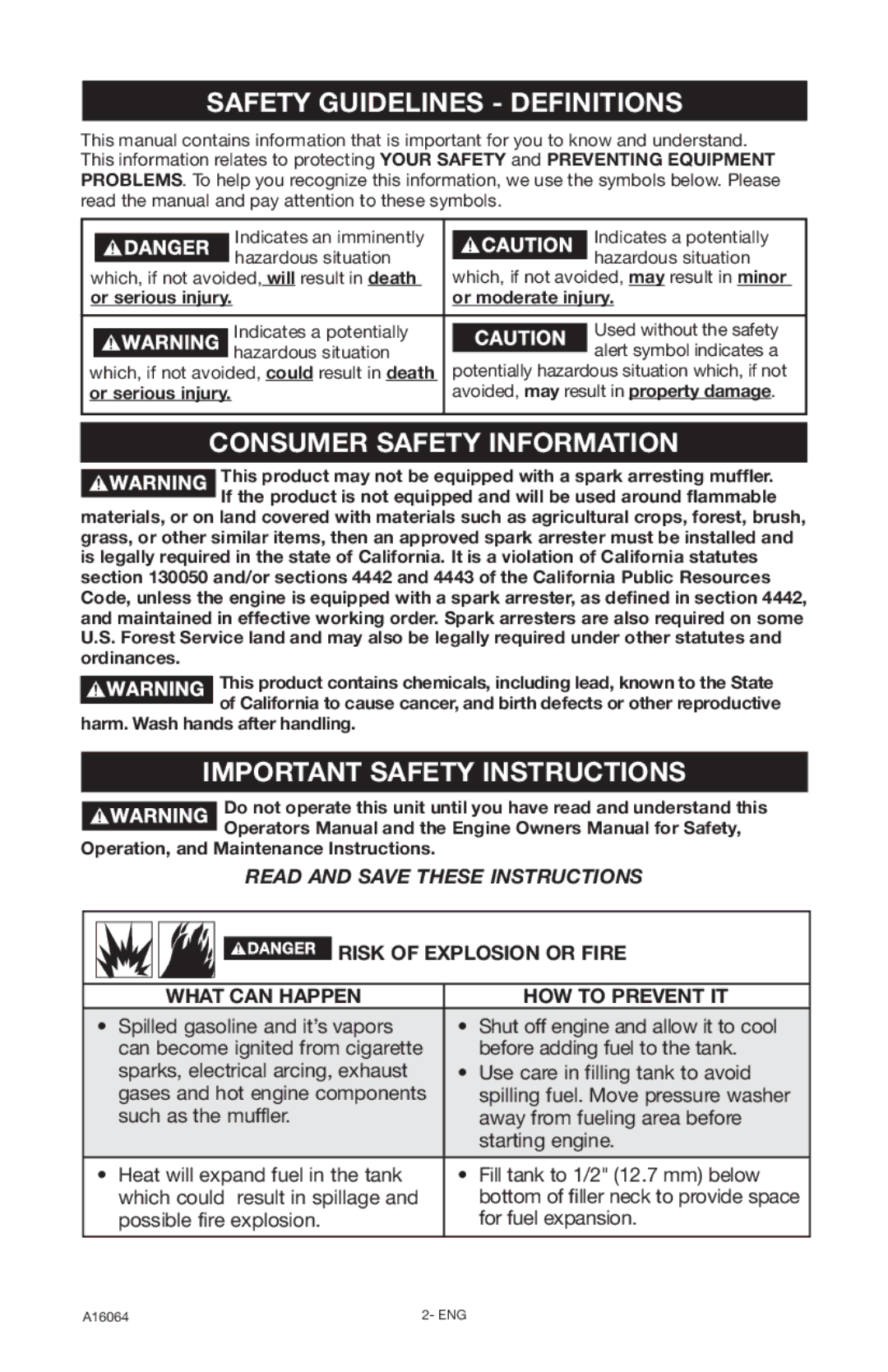 DeVillbiss Air Power Company A16064, DVH2600 operation manual Safety Guidelines Definitions, Consumer Safety Information 