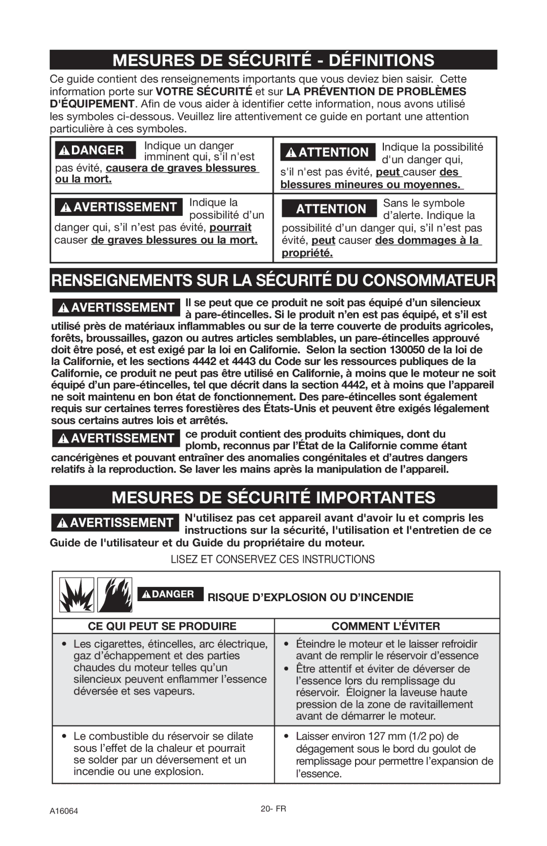 DeVillbiss Air Power Company A16064 Mesures DE Sécurité Définitions, Renseignements SUR LA Sécurité DU Consommateur 