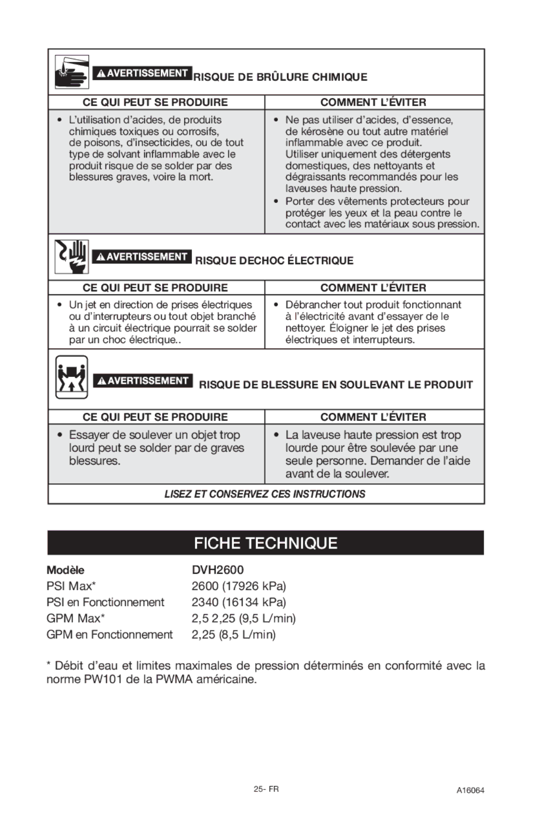 DeVillbiss Air Power Company DVH2600 Débrancher tout produit fonctionnant, Seule personne. Demander de l’aide, Modèle 