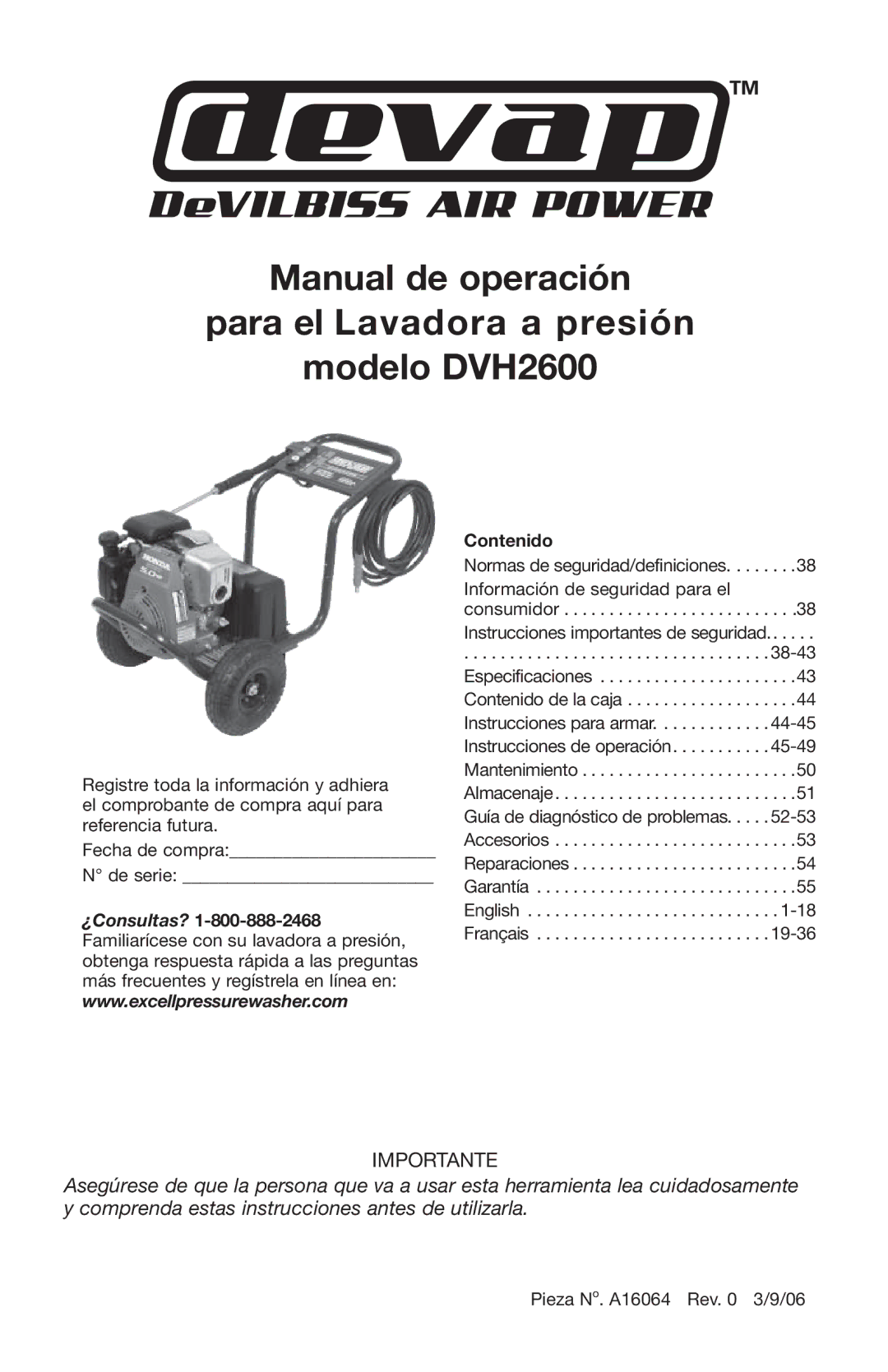 DeVillbiss Air Power Company DVH2600 operation manual Contenido, Pieza No. A16064 Rev 3/9/06 