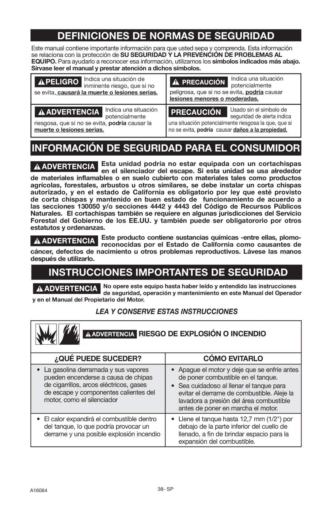 DeVillbiss Air Power Company A16064 Definiciones DE Normas DE Seguridad, Información DE Seguridad Para EL Consumidor 