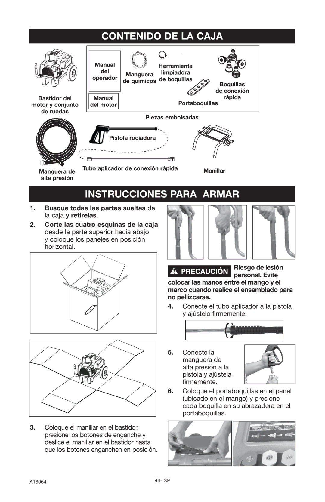 DeVillbiss Air Power Company A16064, DVH2600 operation manual Contenido DE LA Caja, Instrucciones Para Armar 