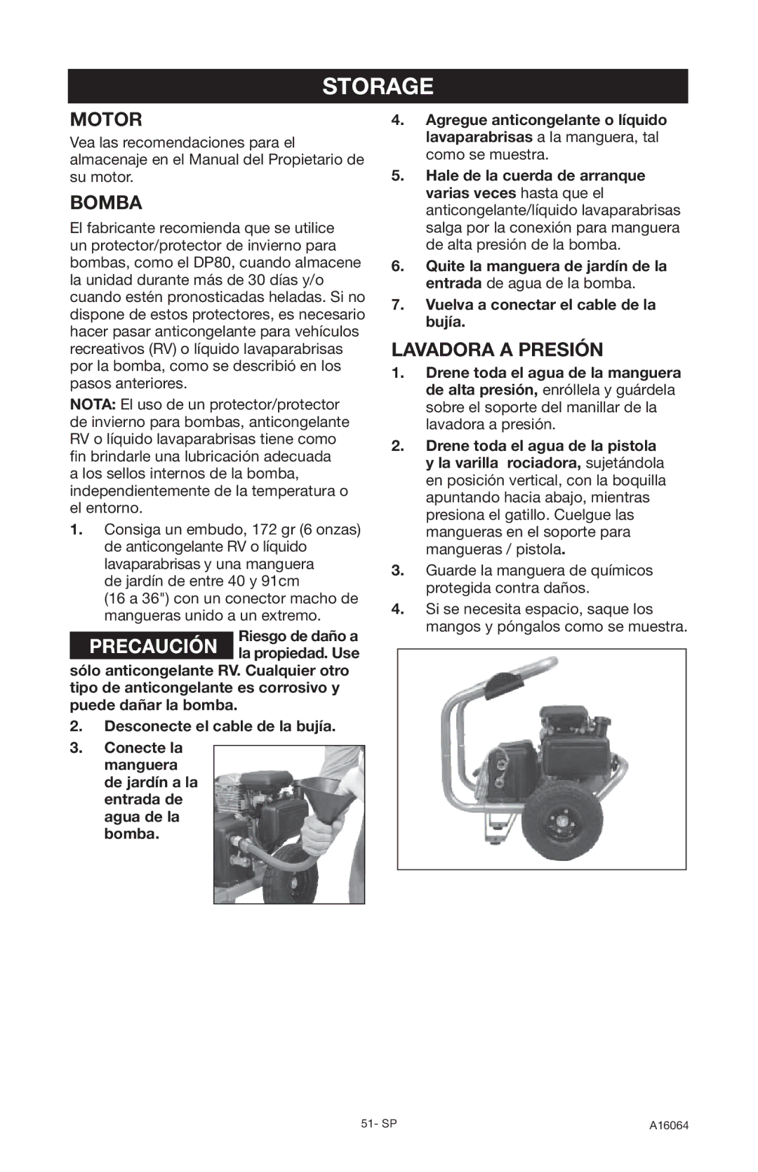 DeVillbiss Air Power Company DVH2600, A16064 operation manual Storage, Lavadora a Presión 