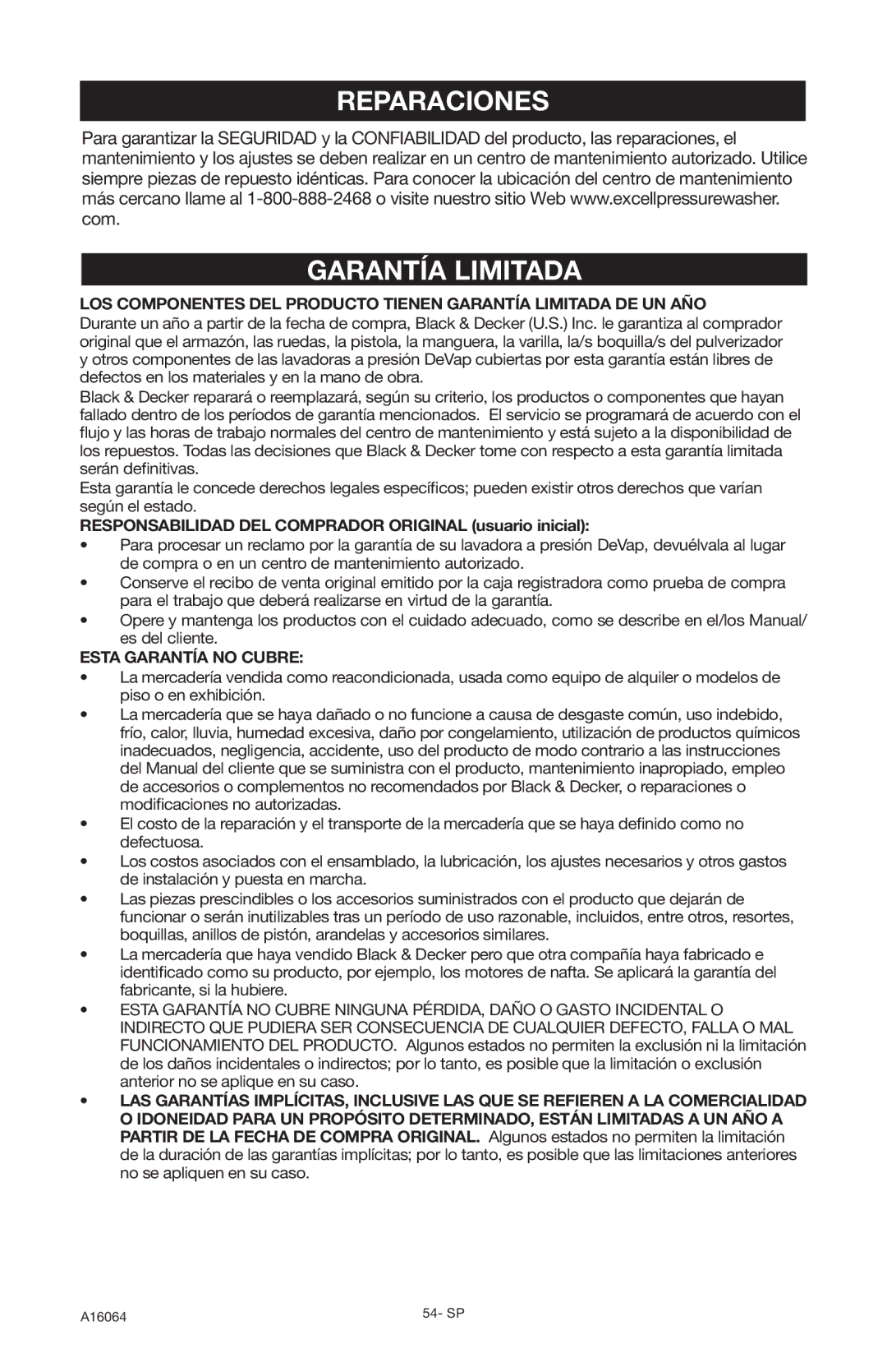 DeVillbiss Air Power Company A16064 Reparaciones Garantía Limitada, Responsabilidad DEL Comprador Original usuario inicial 