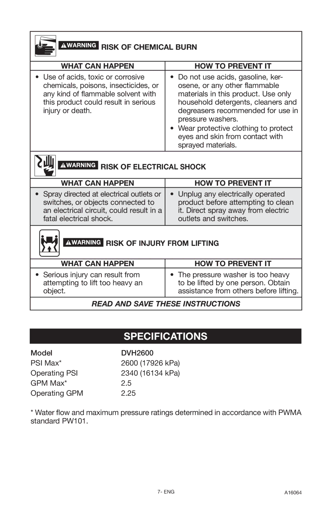 DeVillbiss Air Power Company DVH2600, A16064 Specifications, Risk of Chemical Burn What can Happen HOW to Prevent IT 