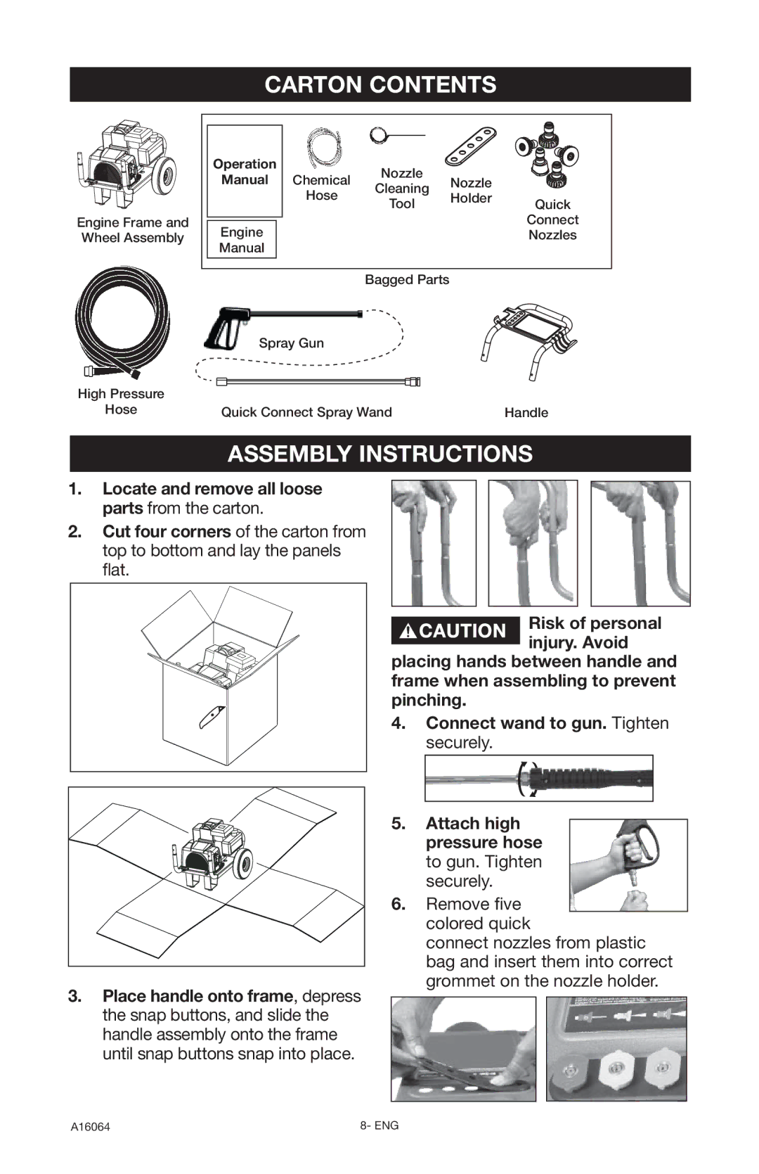 DeVillbiss Air Power Company A16064, DVH2600 operation manual Carton Contents, Assembly Instructions 