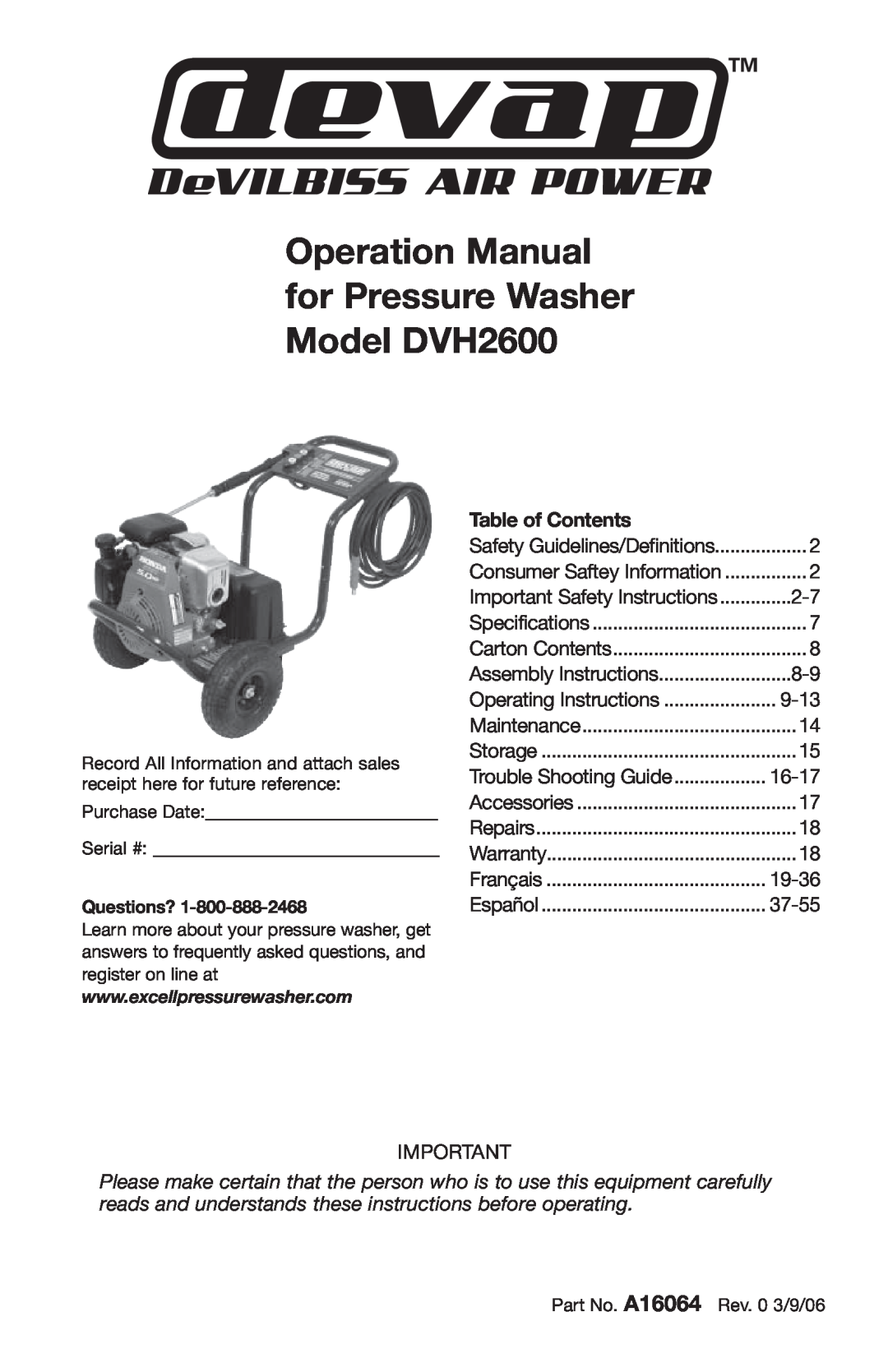 DeVillbiss Air Power Company operation manual Operation Manual for Pressure Washer Model DVH2600, Table of Contents 