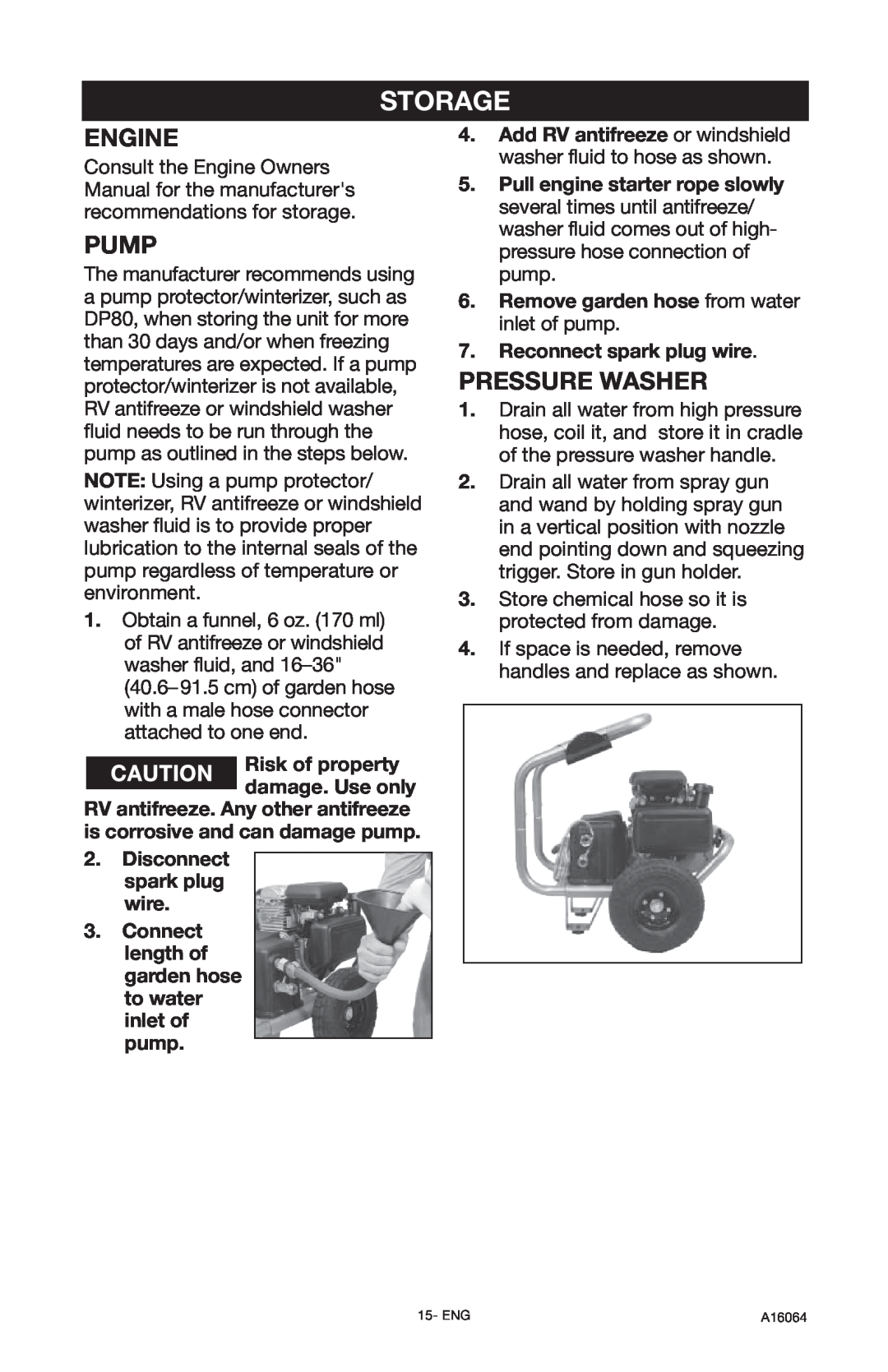 DeVillbiss Air Power Company DVH2600, A16064 Storage, Pressure Washer, Risk of property damage. Use only, Engine, Pump 