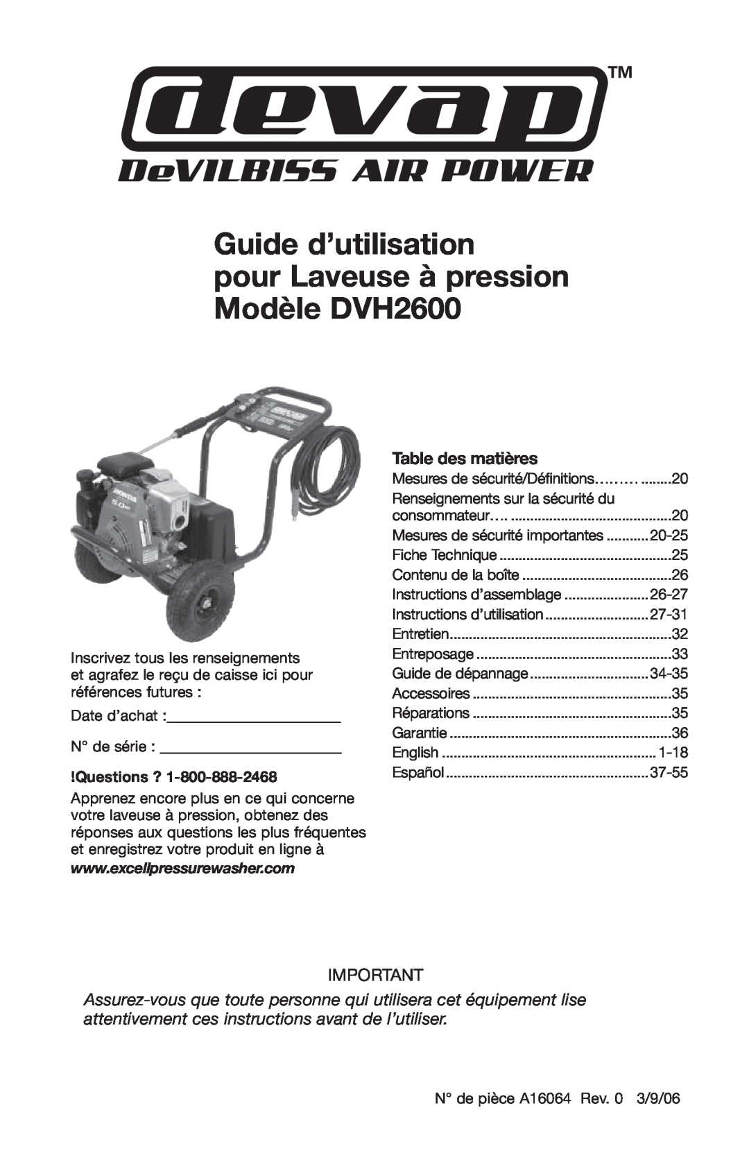 DeVillbiss Air Power Company A16064 Guide d’utilisation pour Laveuse à pression Modèle DVH2600, Table des matières 
