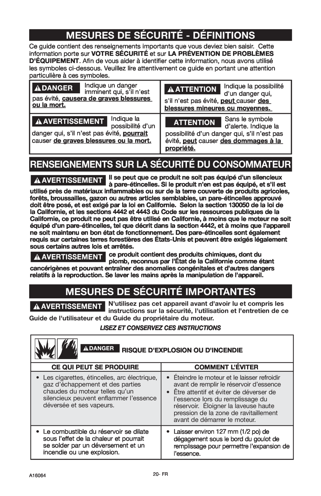 DeVillbiss Air Power Company A16064 Mesures De Sécurité - Définitions, Renseignements Sur La Sécurité Du Consommateur 
