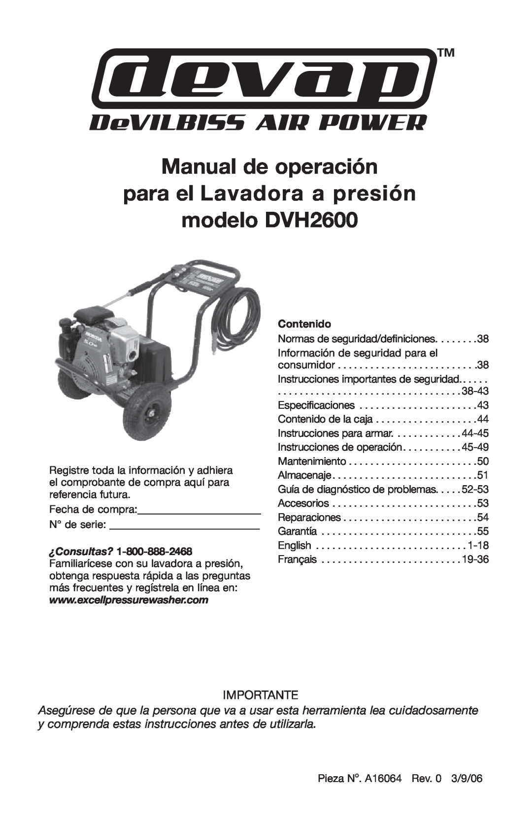 DeVillbiss Air Power Company A16064 Manual de operación para el Lavadora a presión modelo DVH2600, Importante 