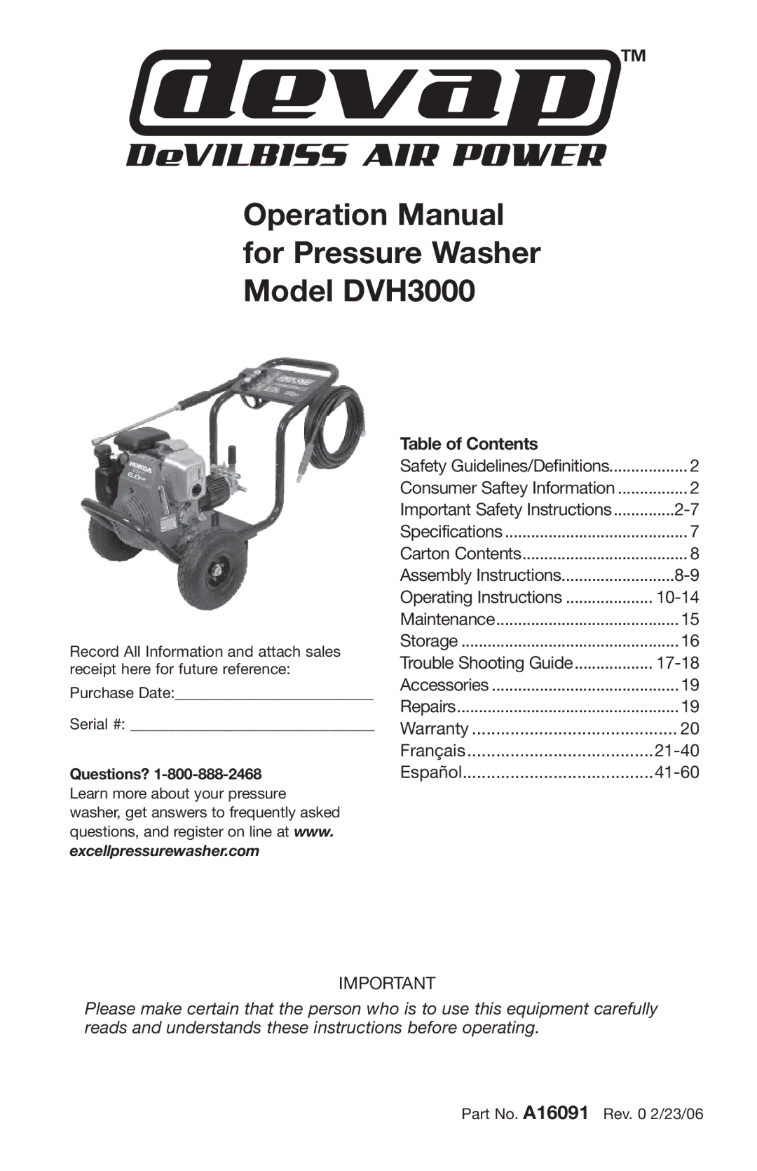 DeVillbiss Air Power Company DVH3000, A16091 operation manual Table of Contents 