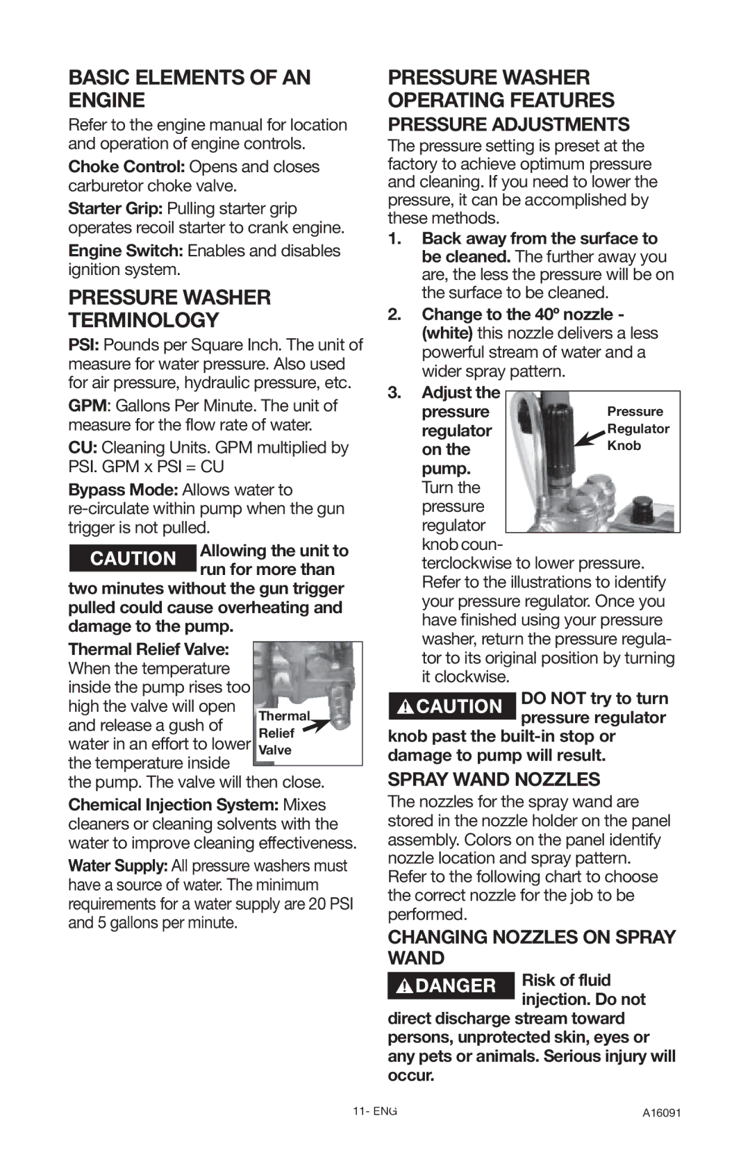 DeVillbiss Air Power Company DVH3000 Basic Elements of AN Engine, Pressure Washer Terminology, Pressure Adjustments 