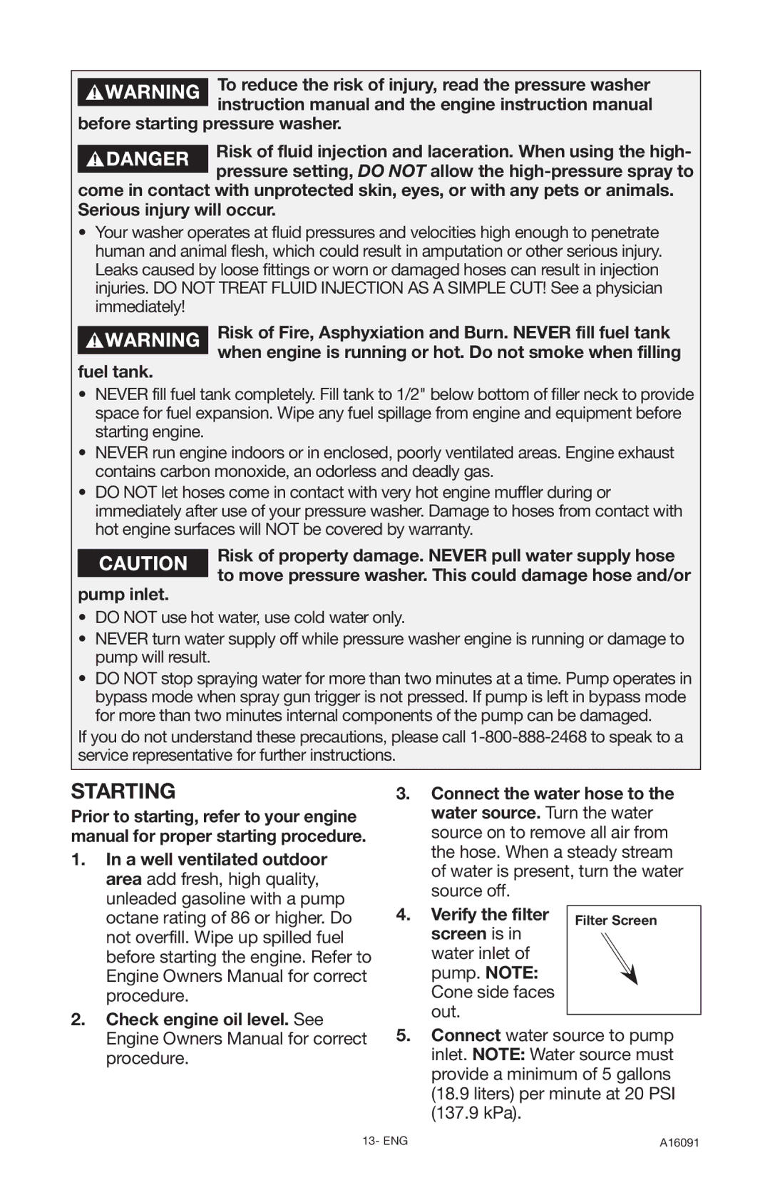 DeVillbiss Air Power Company DVH3000, A16091 operation manual Starting, Unleaded gasoline with a pump 