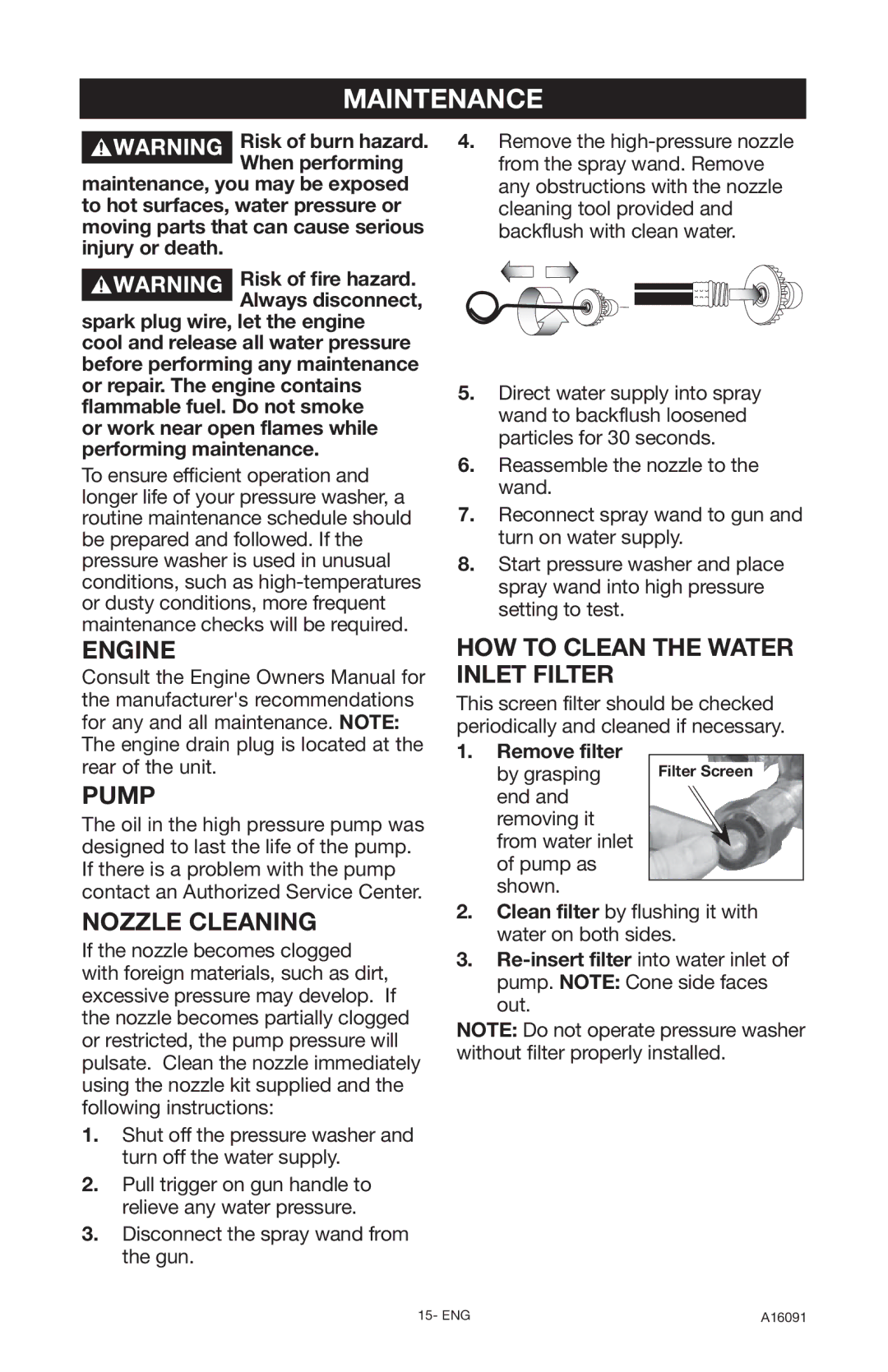 DeVillbiss Air Power Company DVH3000 Maintenance, Engine, HOW to Clean the Water Inlet Filter, Pump, Nozzle Cleaning 