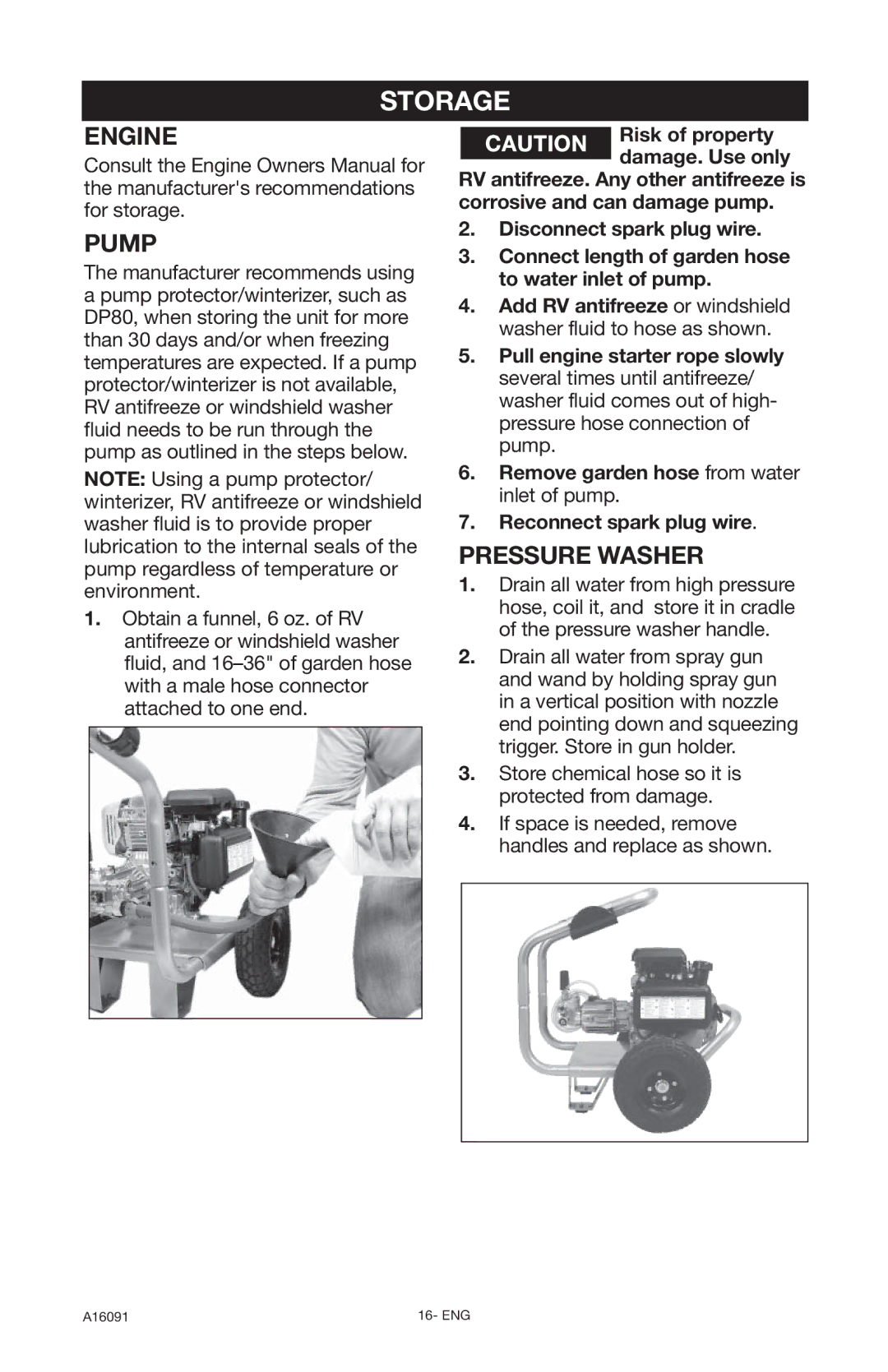 DeVillbiss Air Power Company A16091, DVH3000 operation manual Storage, Engine Pump, Pressure Washer 