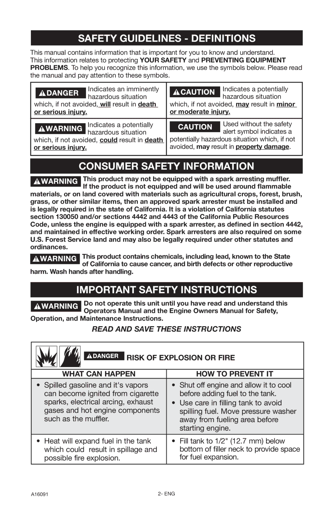 DeVillbiss Air Power Company A16091, DVH3000 operation manual Safety Guidelines Definitions, Consumer Safety Information 