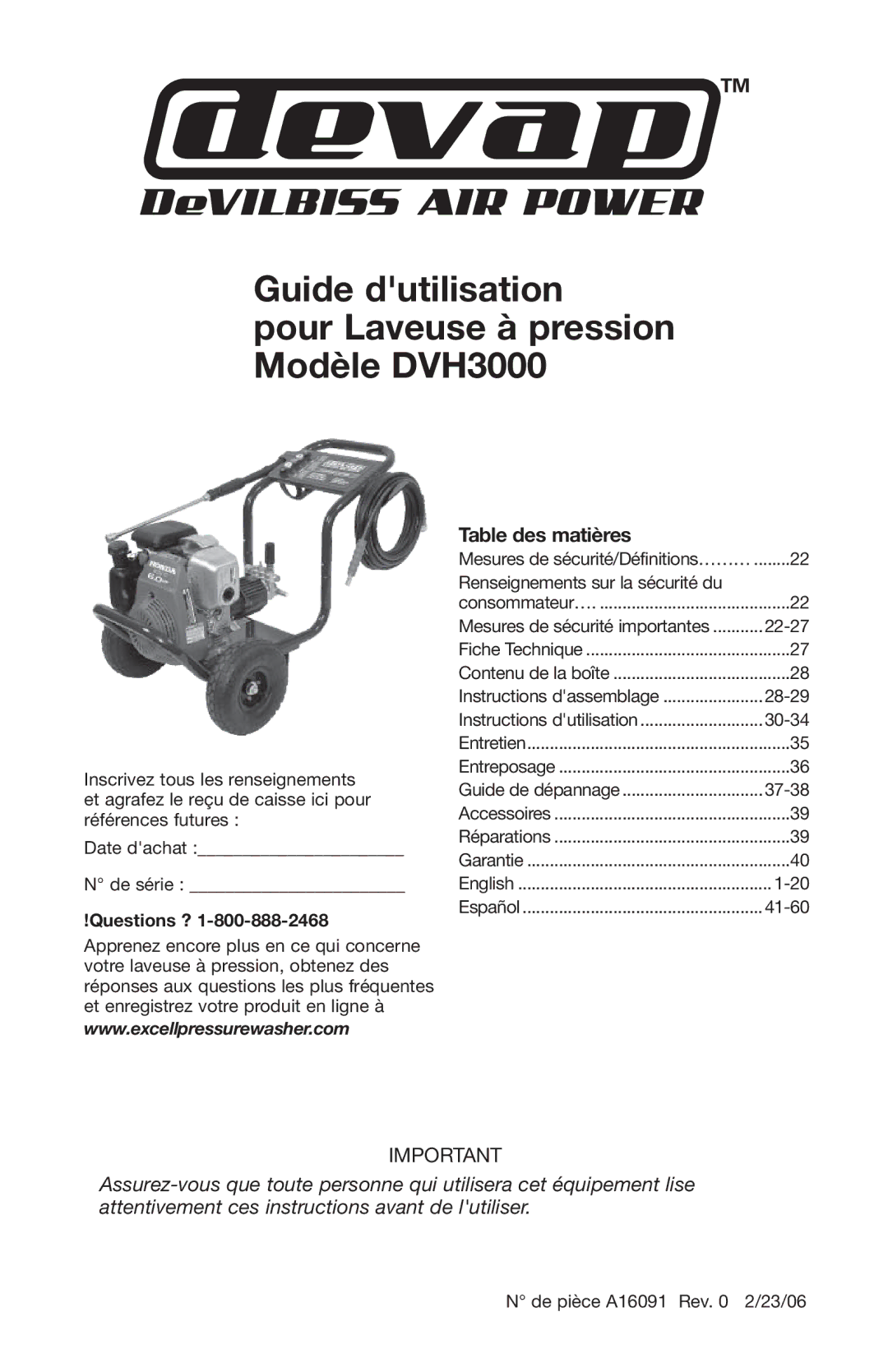 DeVillbiss Air Power Company A16091 Guide dutilisation Pour Laveuse à pression Modèle DVH3000, Questions ? 