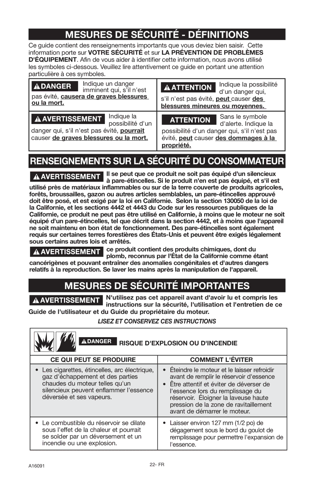 DeVillbiss Air Power Company A16091 Mesures DE Sécurité Définitions, Renseignements SUR LA Sécurité DU Consommateur 