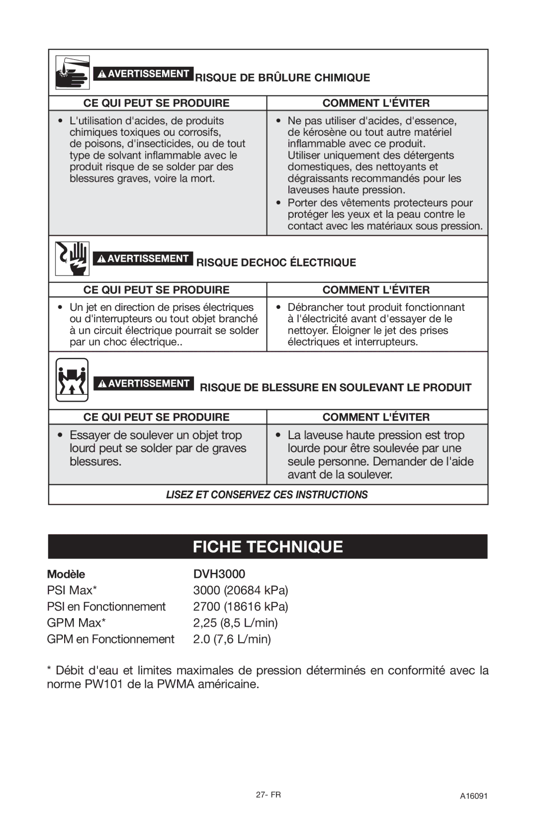 DeVillbiss Air Power Company DVH3000, A16091 operation manual Fiche Technique, Modèle 