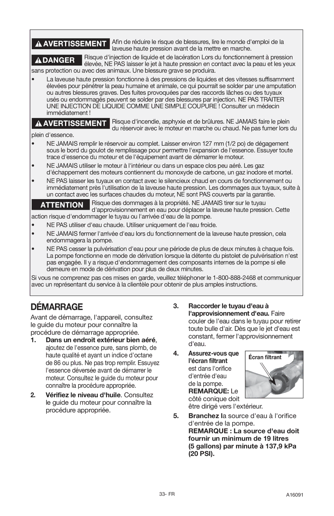 DeVillbiss Air Power Company DVH3000, A16091 operation manual Démarrage, Plein dessence 