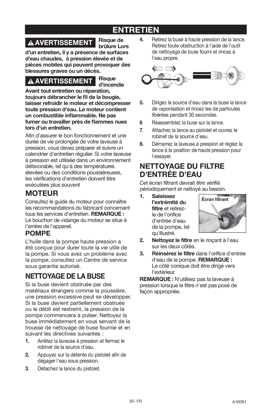 DeVillbiss Air Power Company DVH3000, A16091 operation manual Entretien, Moteur, Nettoyage DE LA Buse, Pompe 