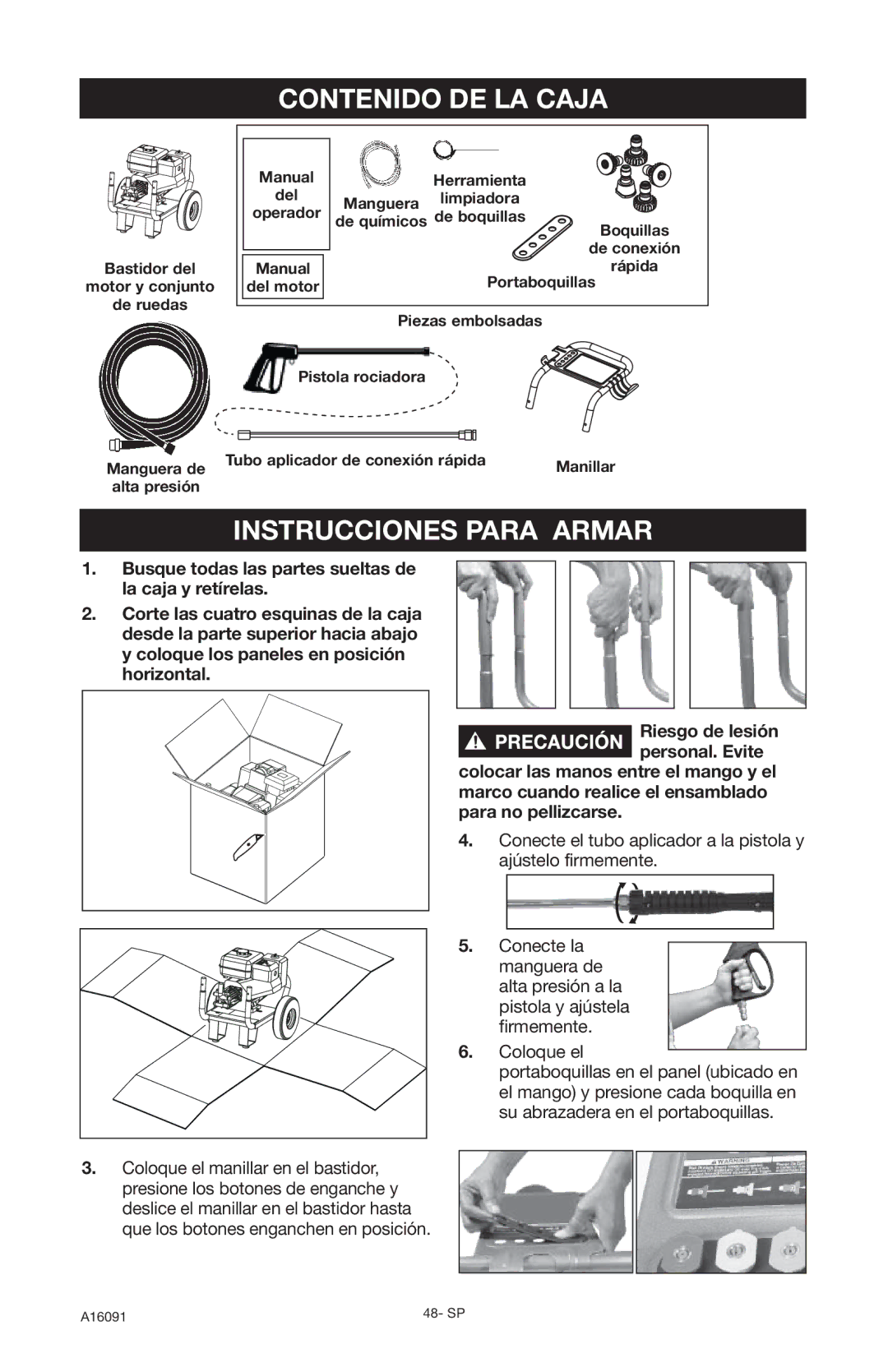 DeVillbiss Air Power Company A16091, DVH3000 operation manual Contenido DE LA Caja, Instrucciones Para Armar 