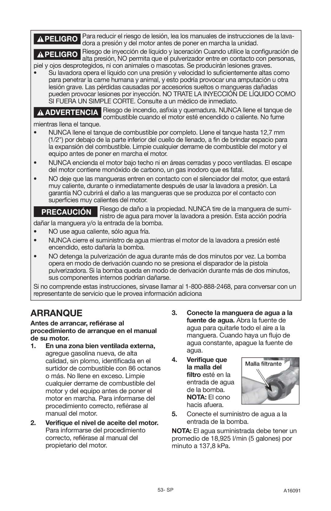 DeVillbiss Air Power Company DVH3000, A16091 operation manual Arranque, Agregue gasolina nueva, de alta 