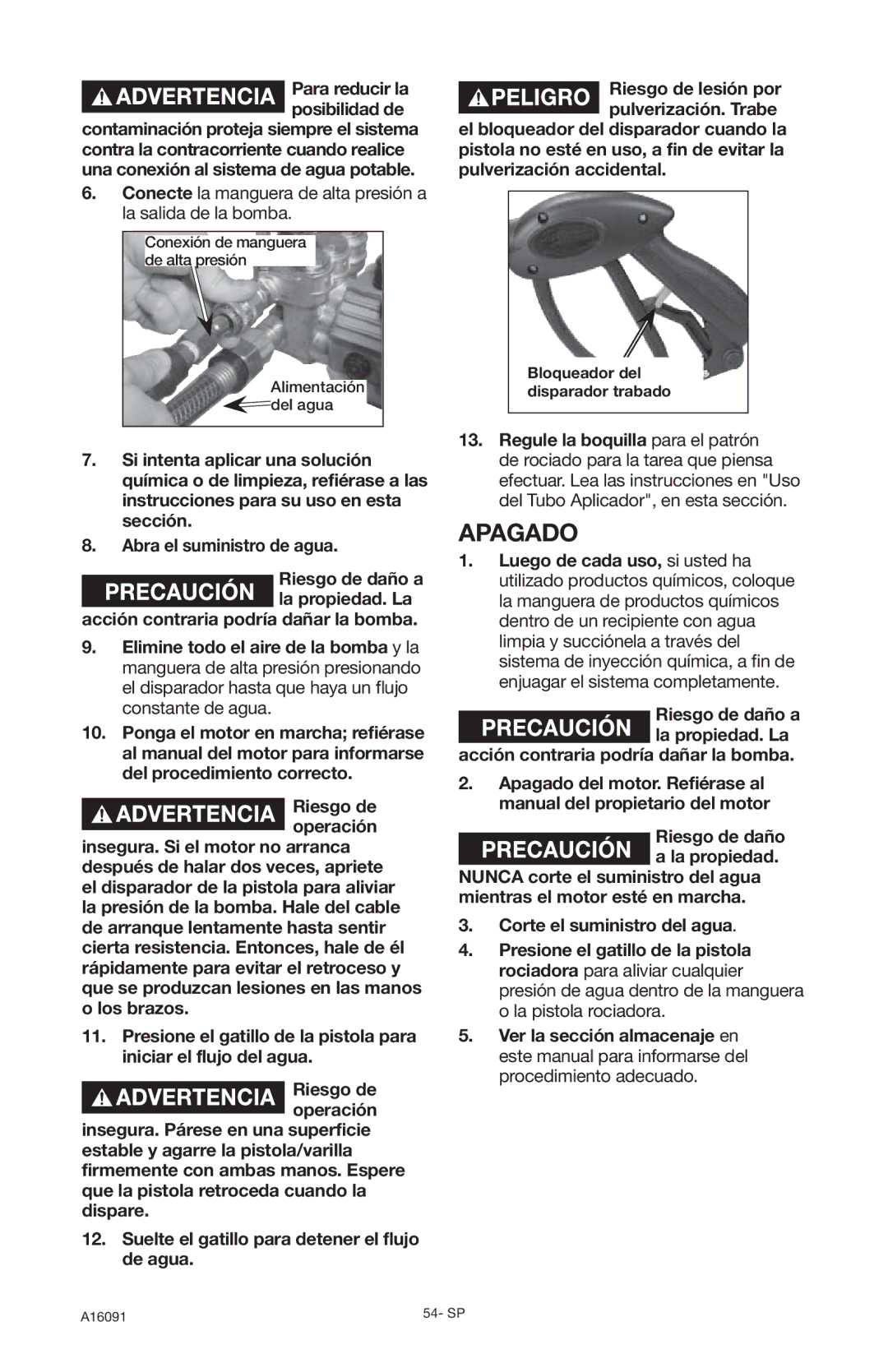 DeVillbiss Air Power Company A16091, DVH3000 operation manual Apagado, Acción contraria podría dañar la bomba 