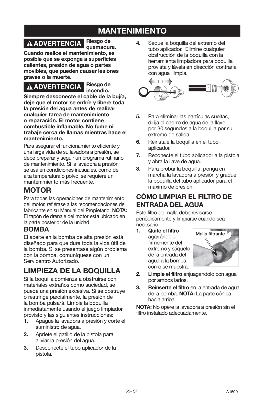 DeVillbiss Air Power Company DVH3000, A16091 operation manual Mantenimiento, Motor, Limpieza DE LA Boquilla, Bomba 