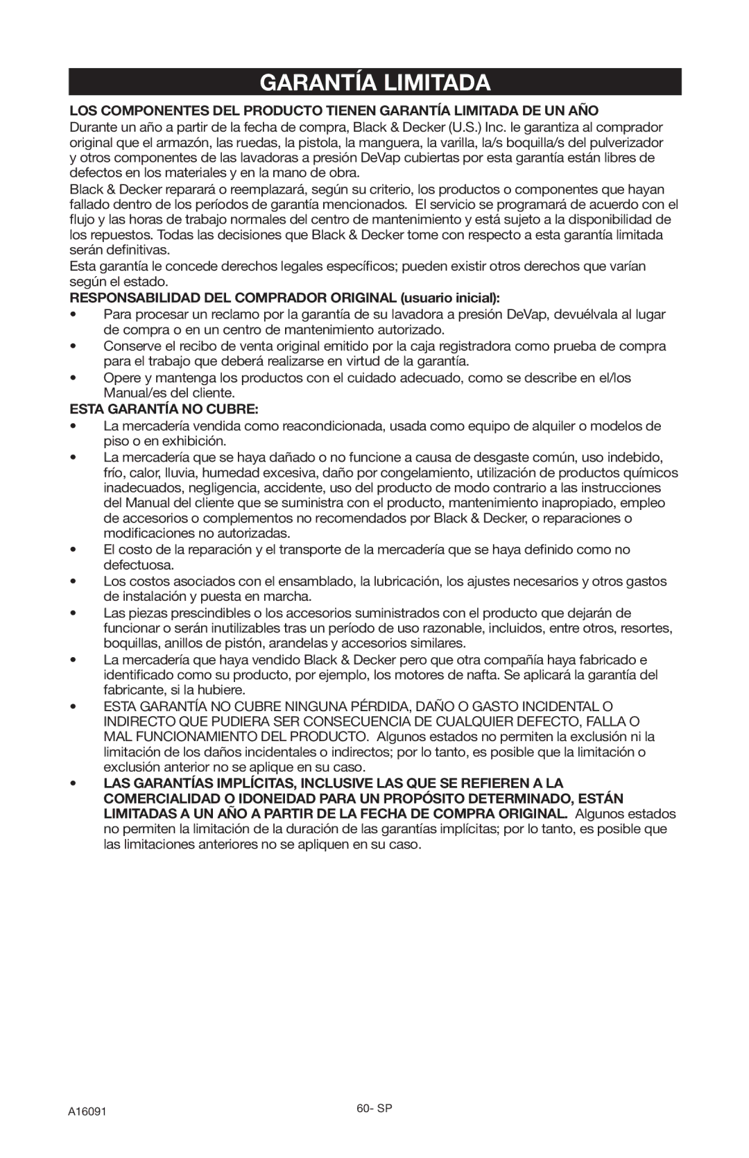 DeVillbiss Air Power Company A16091, DVH3000 Garantía Limitada, Responsabilidad DEL Comprador Original usuario inicial 